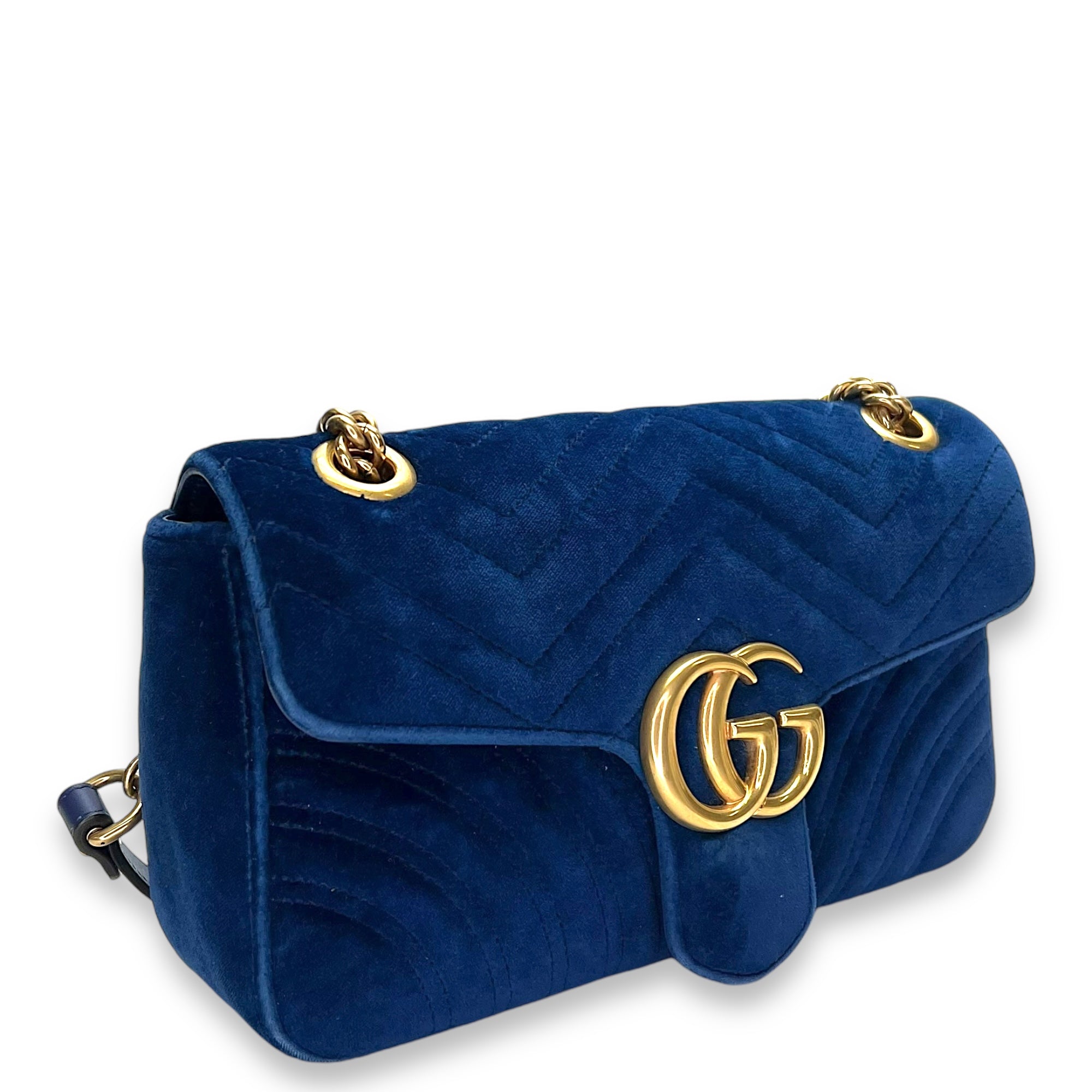 GG Marmont Small Blue Shoulder Bag in Velvet, Gold hardware