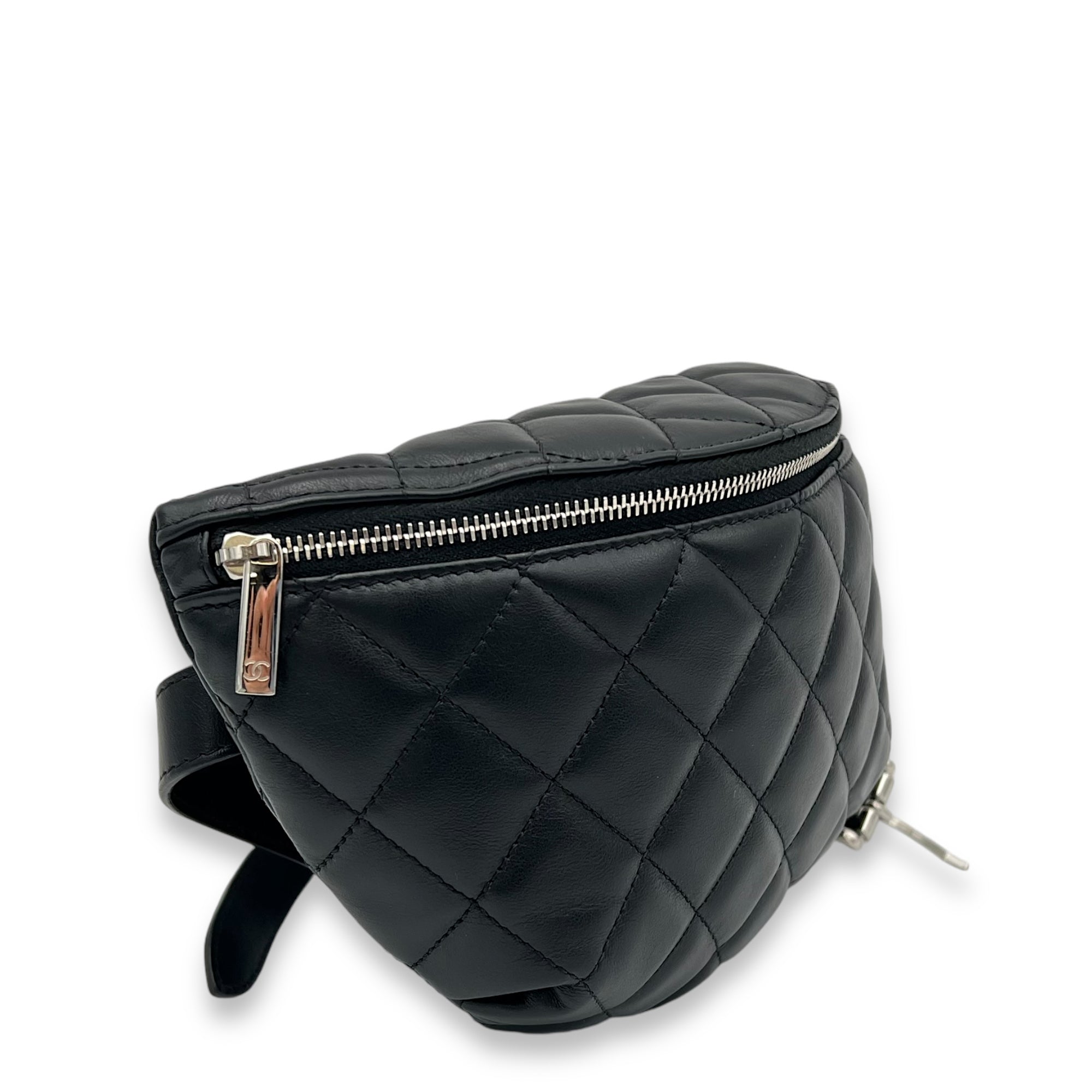 Quilted Black Belt Bag in Calfskin, Silver hardware