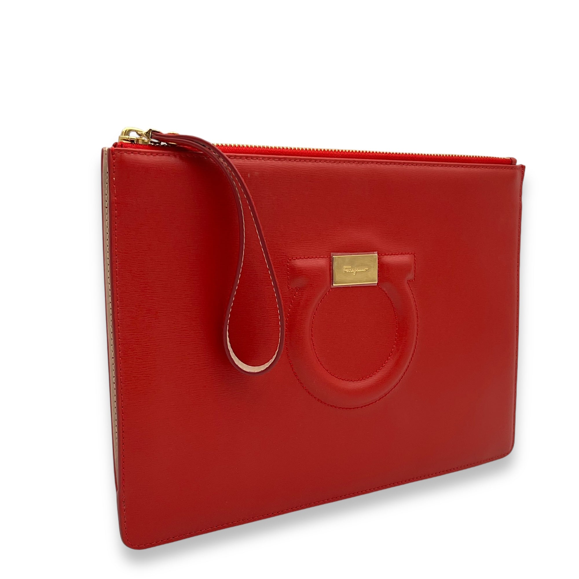 Gancini Pouch Red in Calfskin, Gold hardware