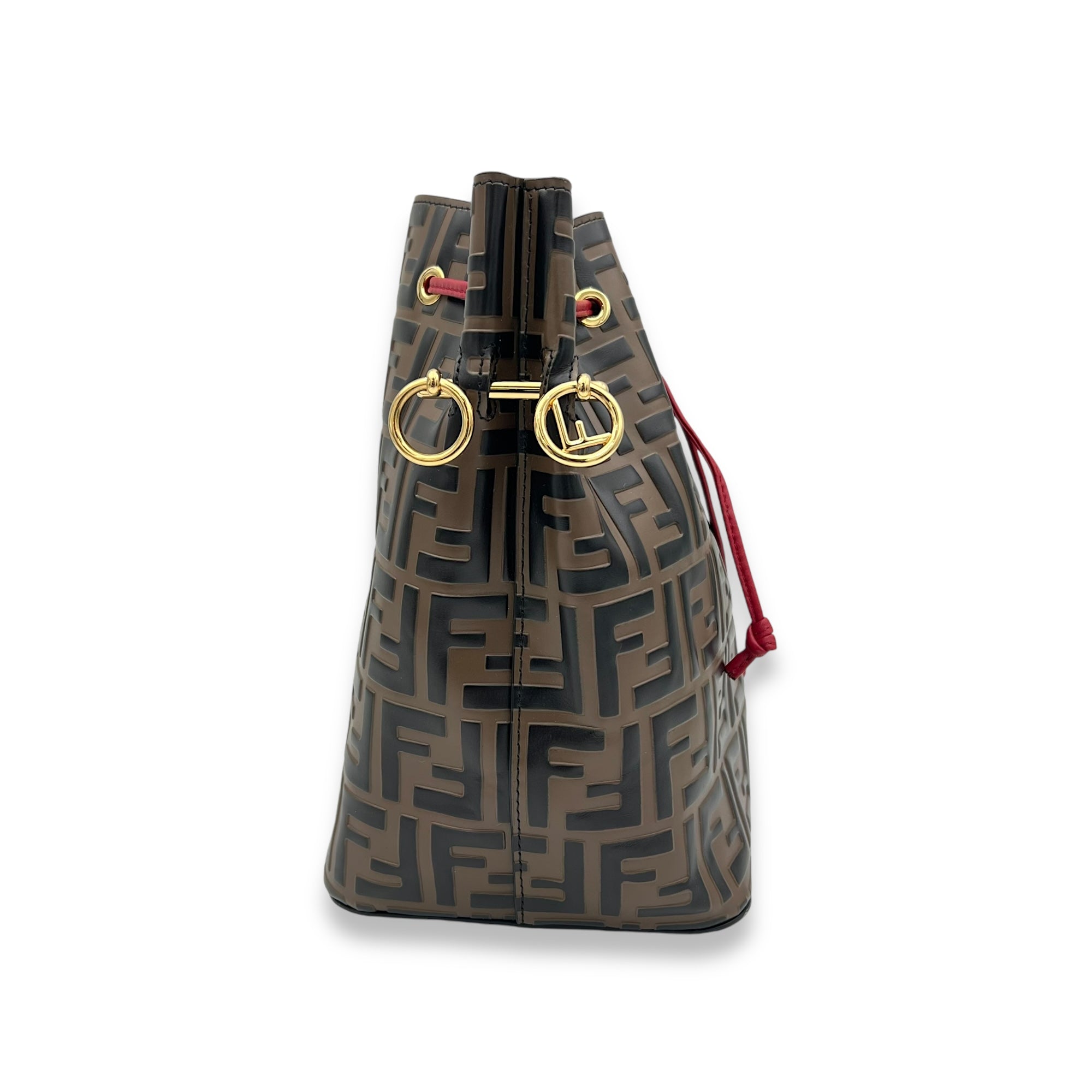 Mon Tresor FF Embossed Brown Bucket Bag in Calfskin, Gold hardware