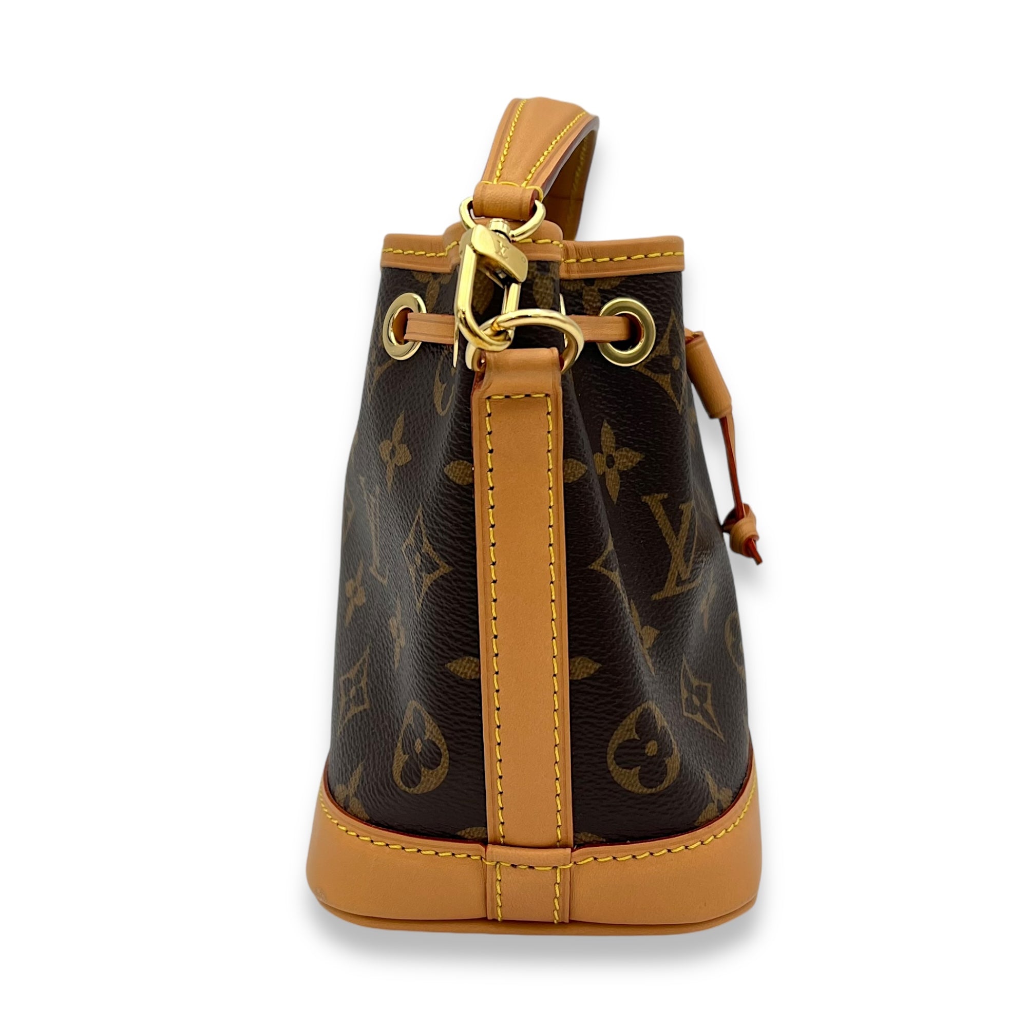 Noe Bucket Bag Nano Brown in Monogram Coated Canvas, Gold hardware