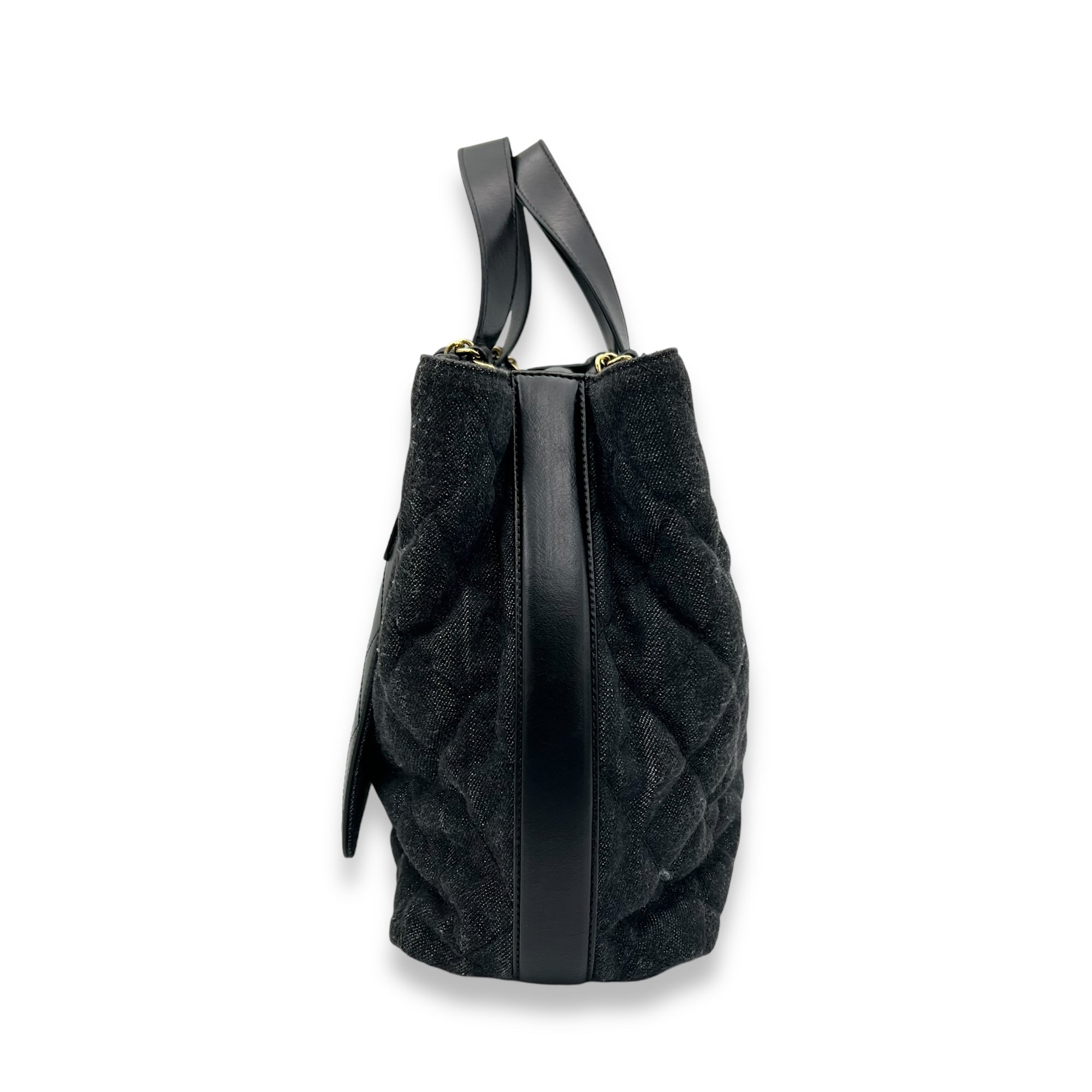 Quilted Shopping Black Tote Bag in Denim, Gold hardware