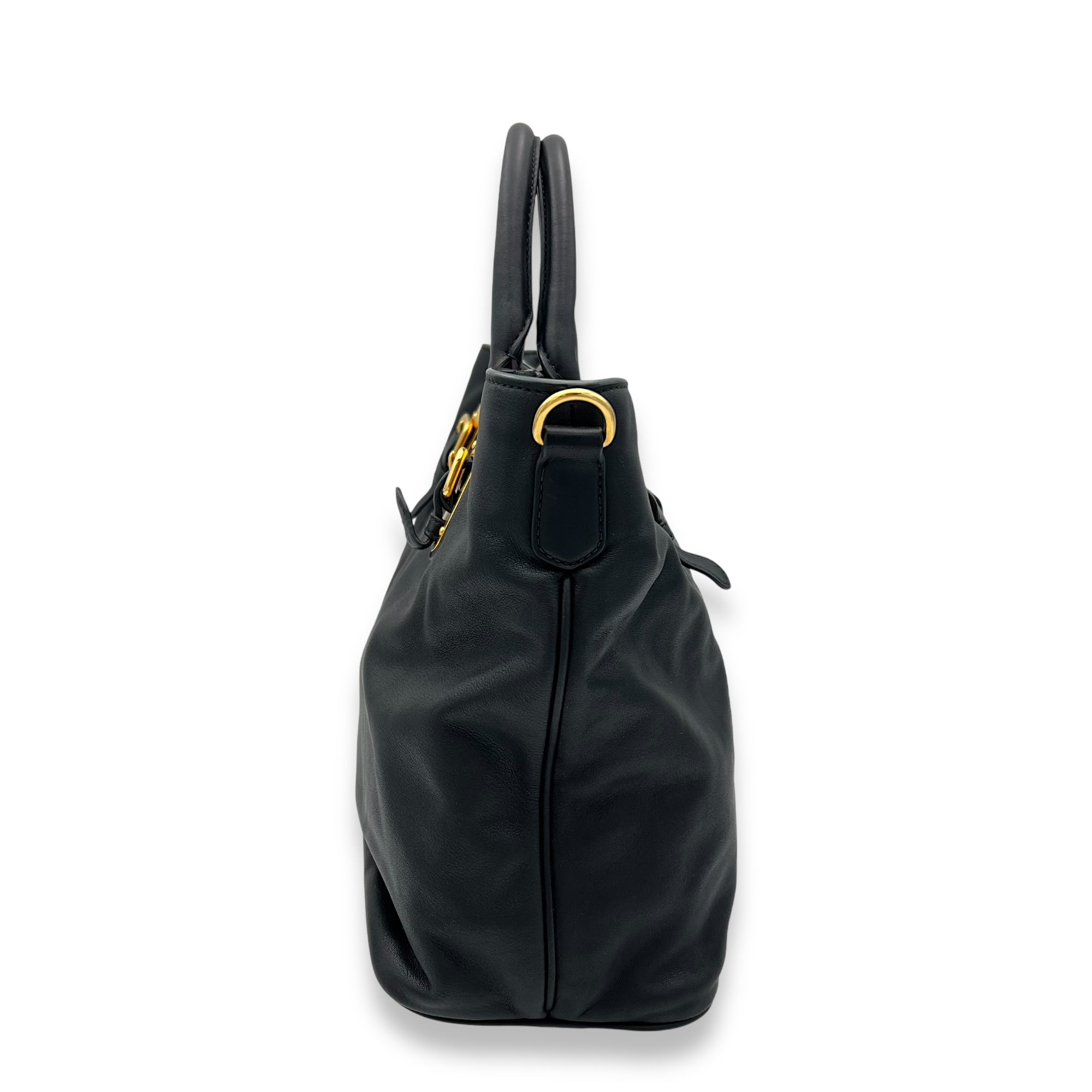 Logo Black Top Handle Bag in Calfskin, Gold hardware