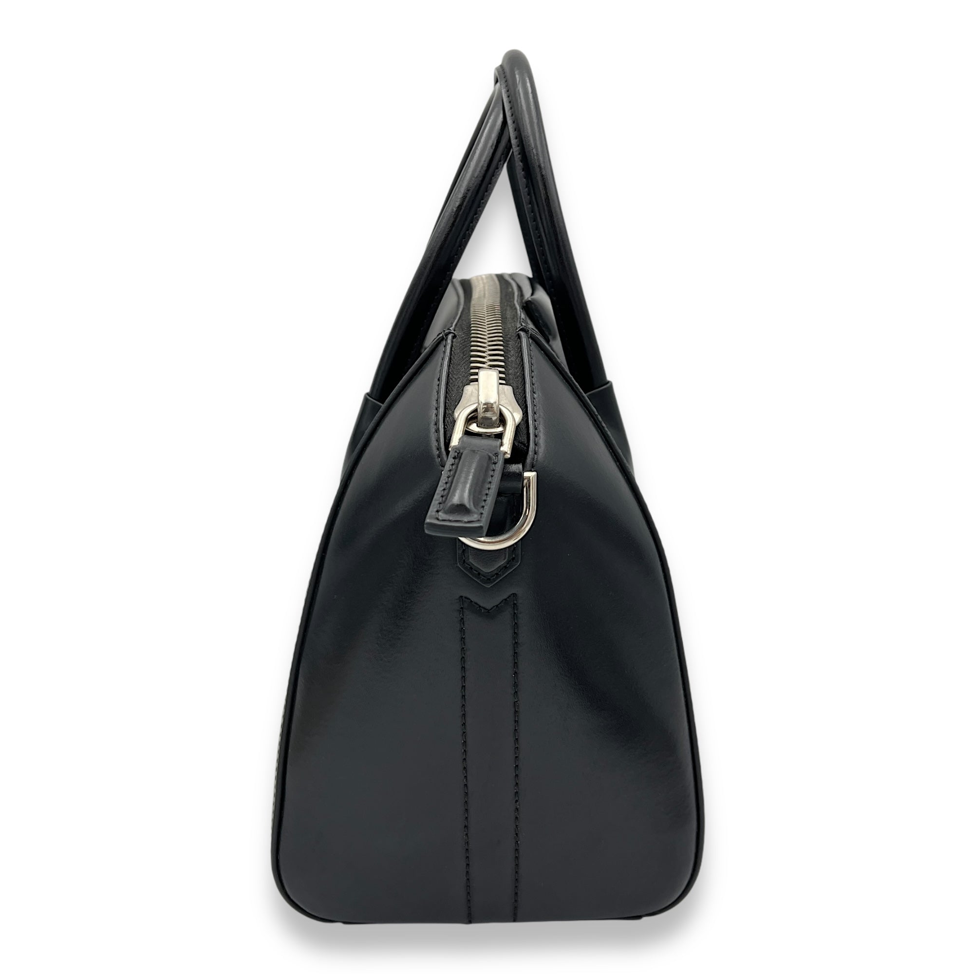 Antigona Small Black Top Handle Bag in Calfskin, Silver hardware