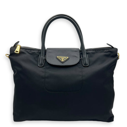 Logo Top Handle Bag Black in Nylon, Gold hardware