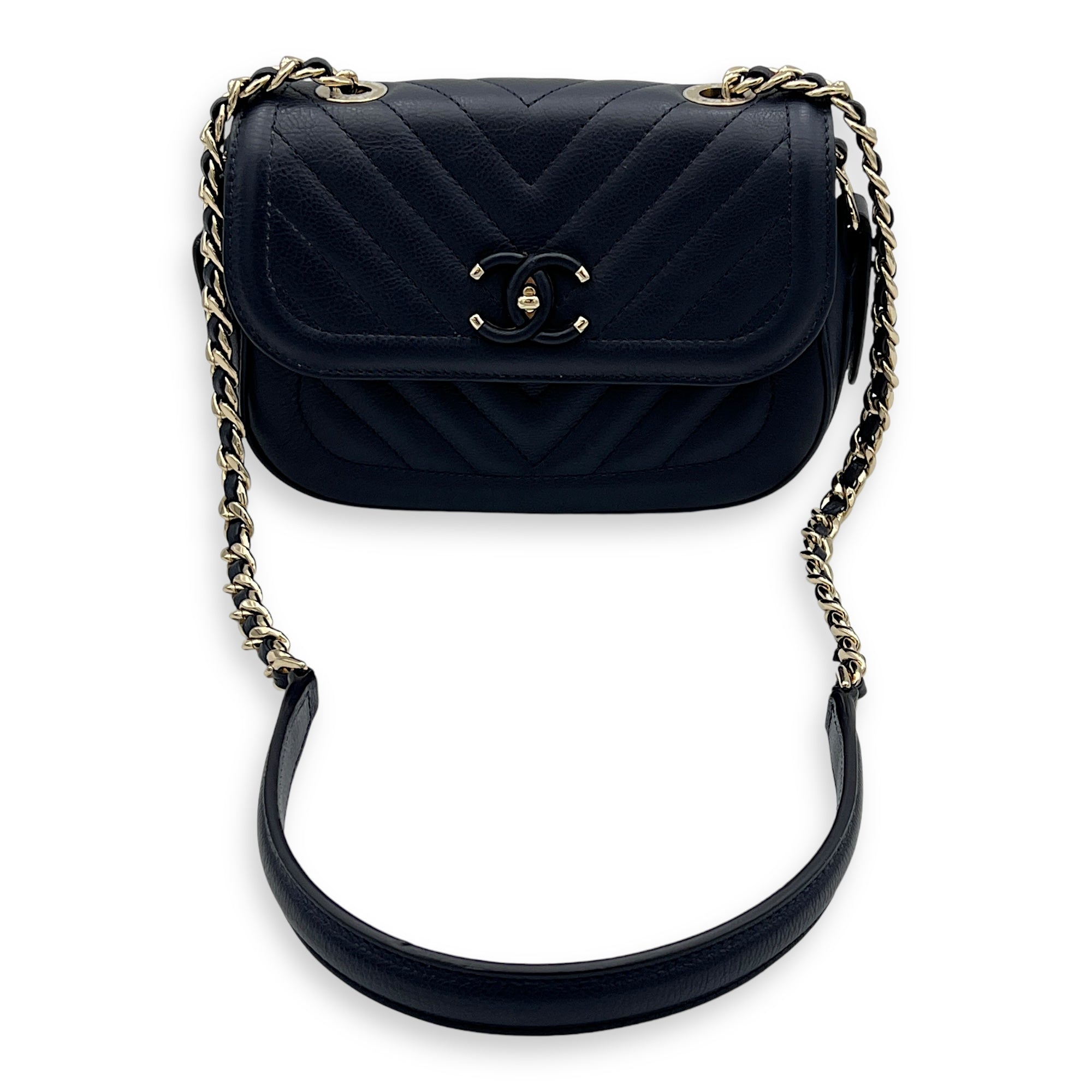 CC Flap Chevron Blue Crossbody Bag in Calfskin, Gold hardware