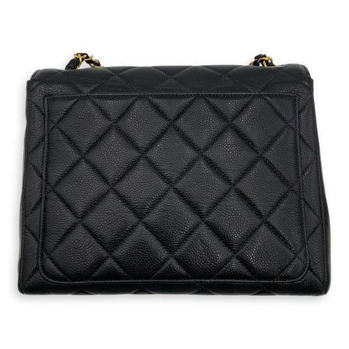 Vintage Square Flap Black Crossbody Bag in Caviar Leather, Gold hardware