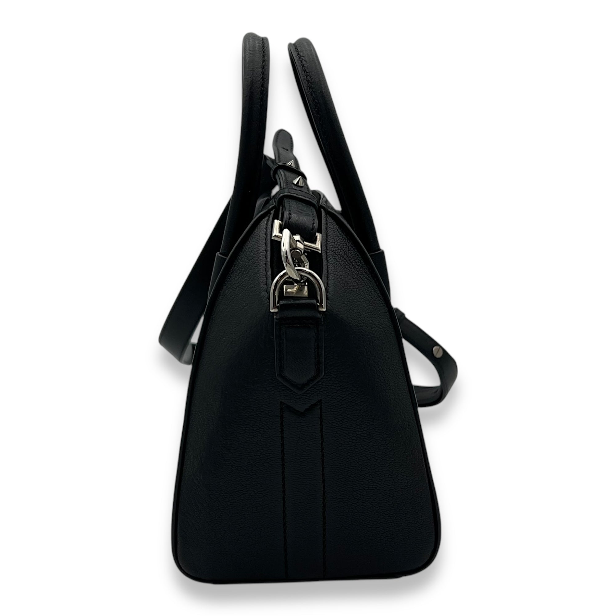 Antigona Mini Black Top Handle Bag in Goat Leather, Silver hardware