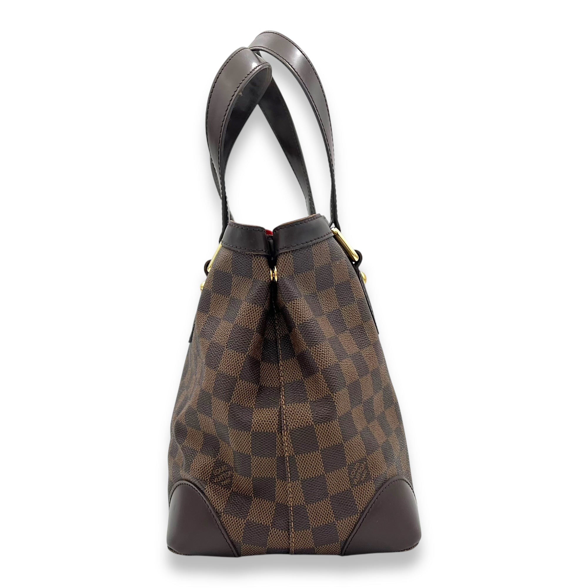 Hampstead PM Damier Ebene Top Handle Bag in Coated Canvas, Gold hardware