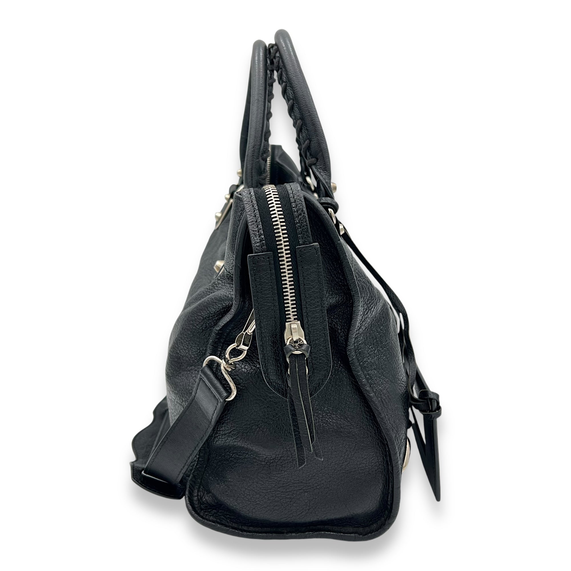 Metallic Edge Medium Black Top Handle Bag in Goat Leather, Silver hardware