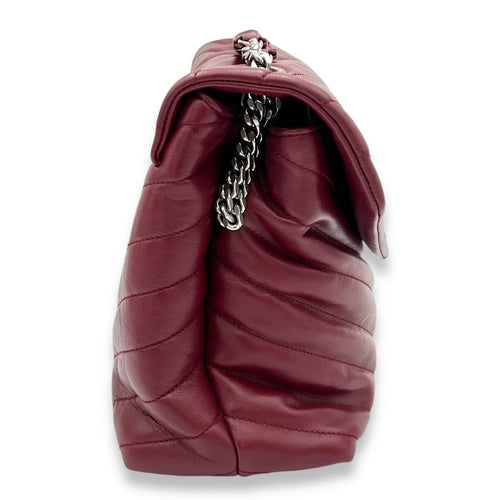 Loulou Small Red Shoulder Bag in Calfskin, Silver hardware