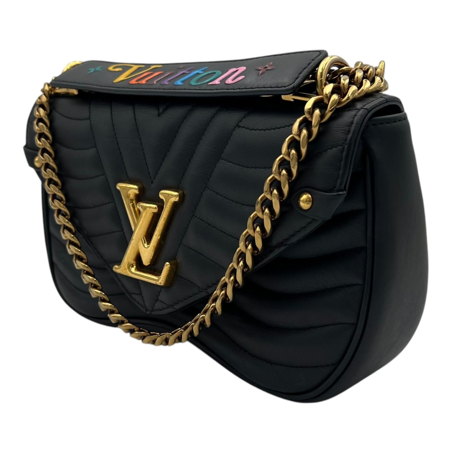 New Wave Shoulder Bag Black in Calfskin, Gold hardware