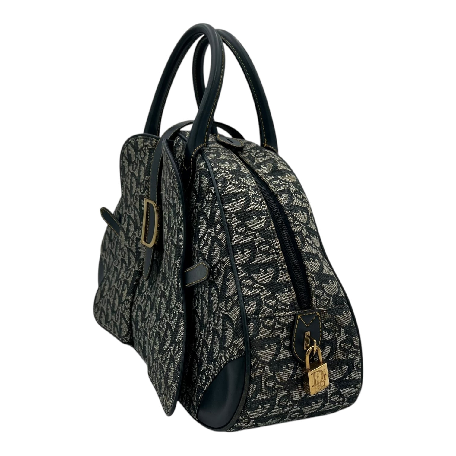 Saddle Bowling Blue Top Handle Bag in Jacquard, Gold hardware