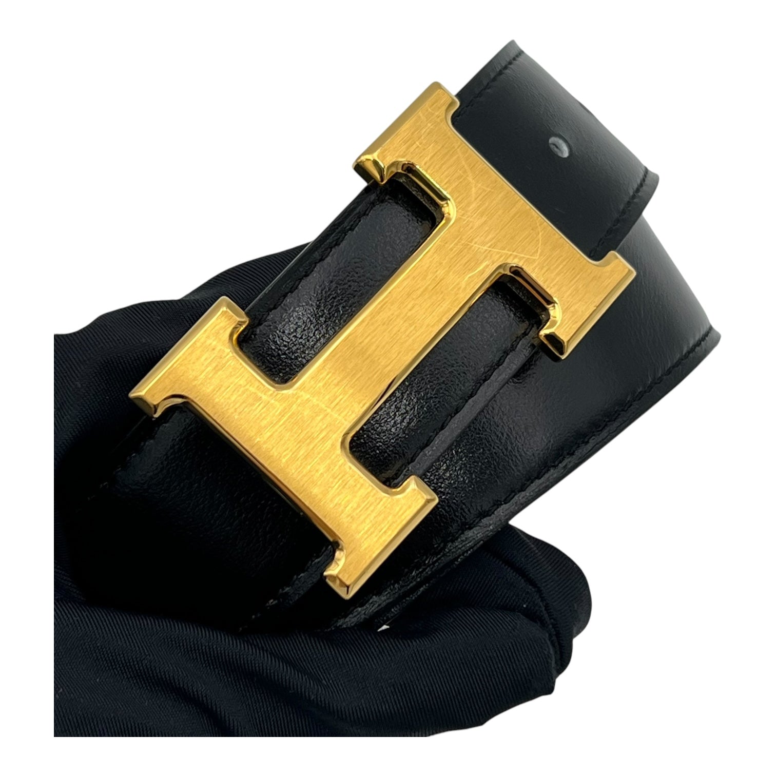 Reversible H 85 Black in Box Calfskin, Brushed Gold hardware