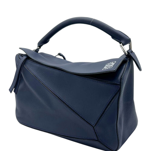 Puzzle Medium Blue Top Handle Bag in Calfskin, Silver hardware