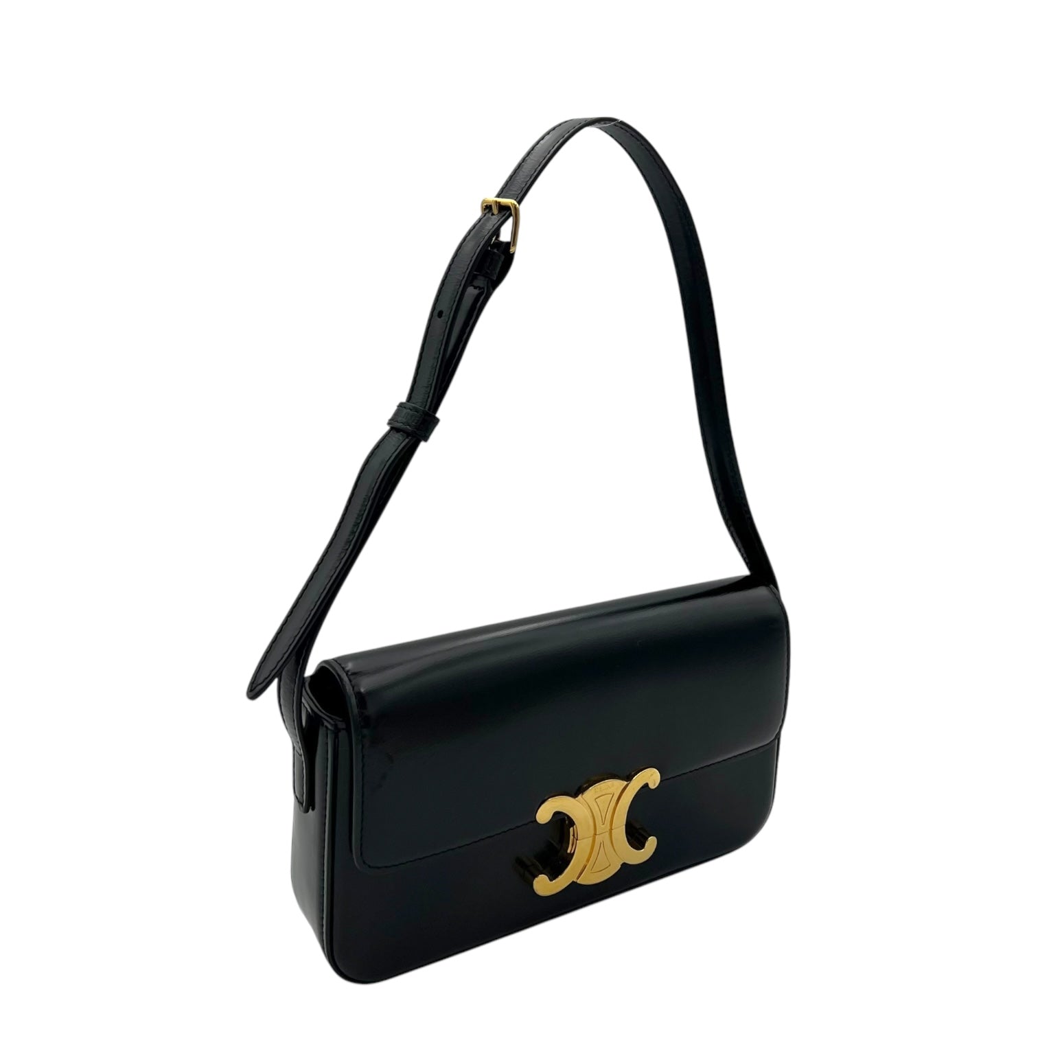 Triomphe Claude Shoulder Bag Black in Calfskin, Gold hardware