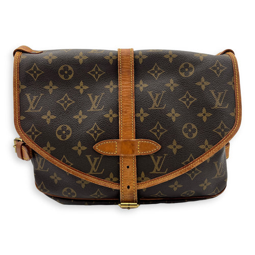 Saumur Crossbody Bag Brown in Monogram Coated Canvas, Gold hardware