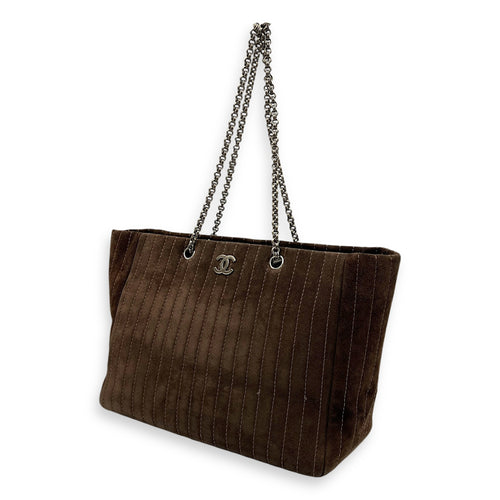 Quilted Vertical Mademoiselle Brown Tote Bag in Suede Leather, Silver hardware