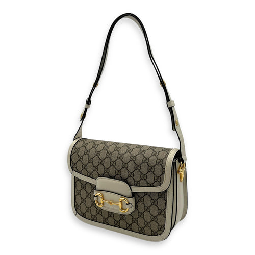 Horsebit 1955 White Shoulder Bag in Coated Canvas, Gold hardware