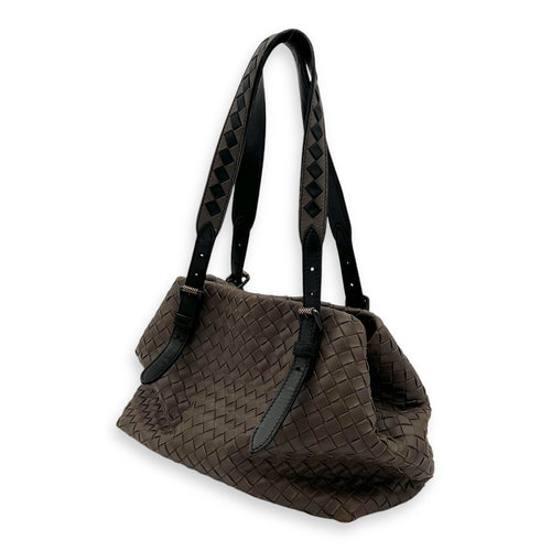 Intrecciato Brown Shoulder Bag in Lambskin, Ruthenium hardware