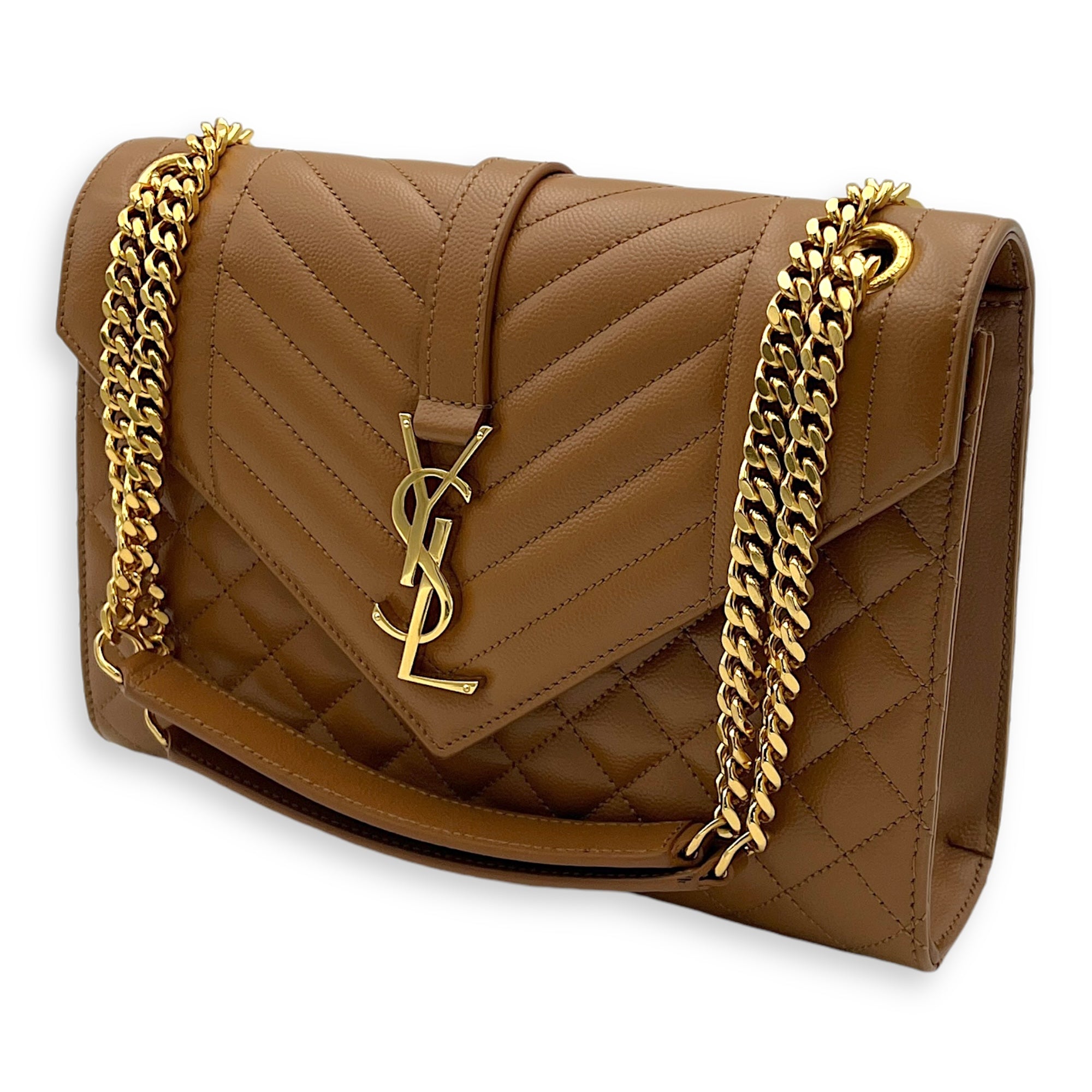 Envelope Medium Brown Shoulder Bag in Calfskin, Gold hardware