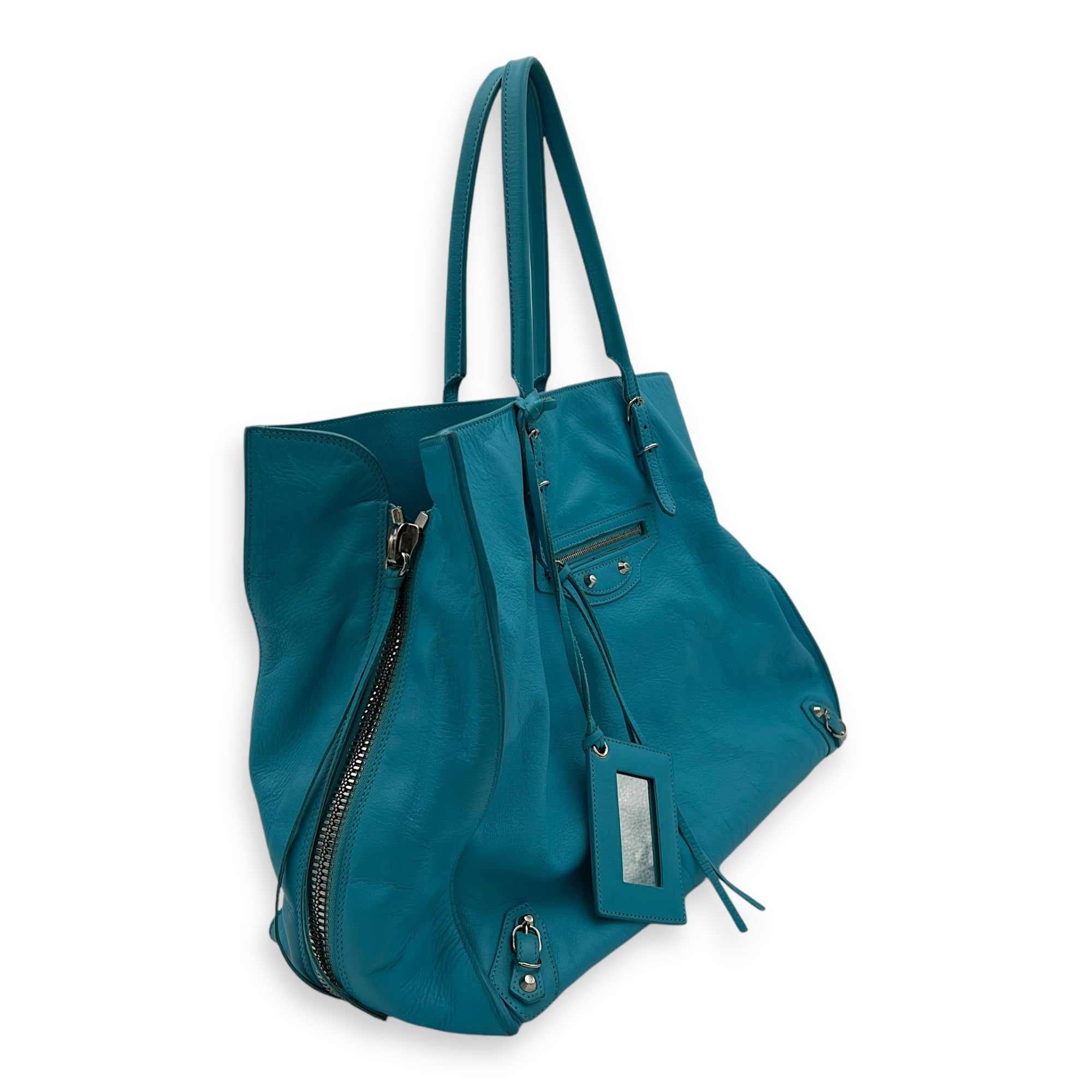 Papier Top Handle Bag Large Blue in Calfskin, Silver hardware