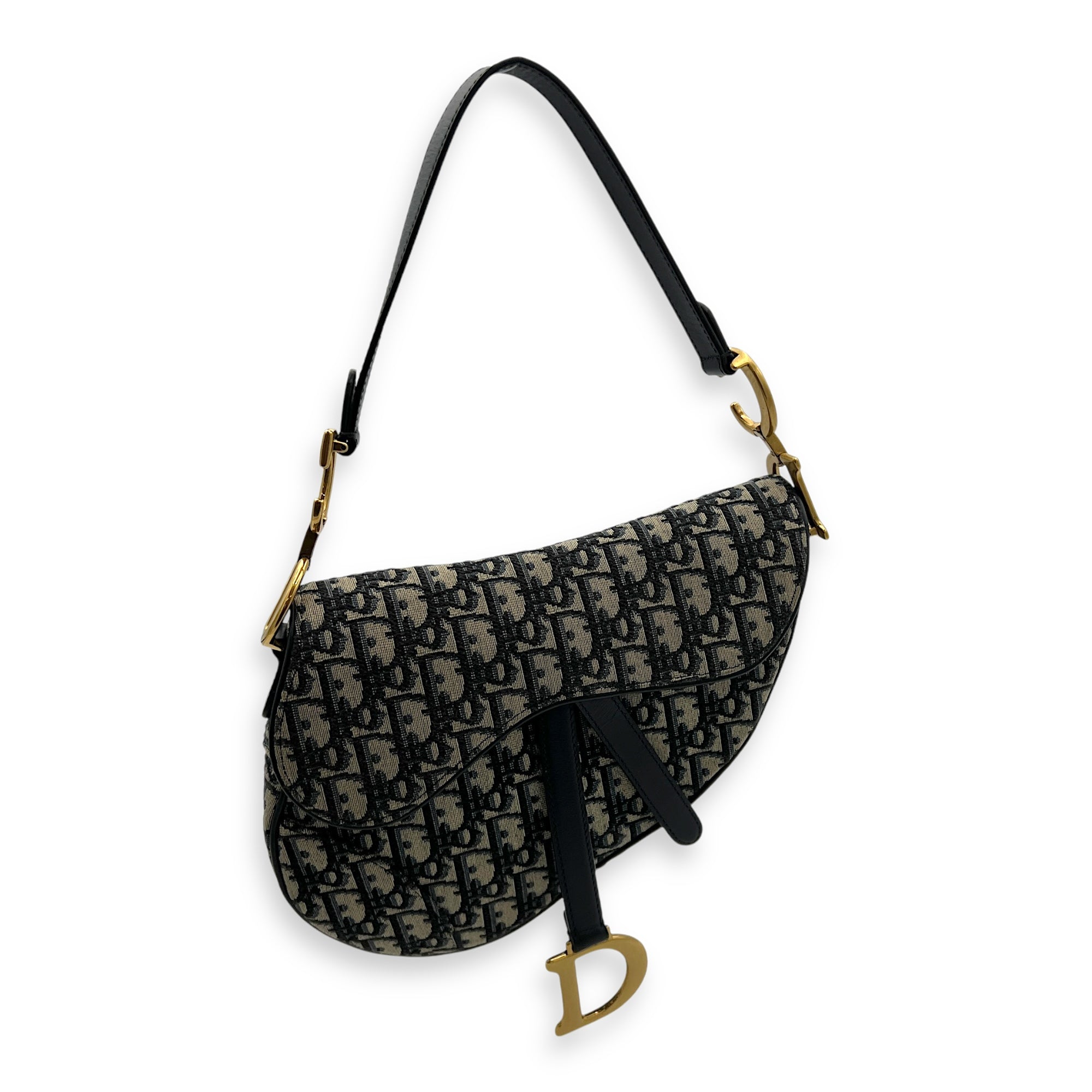 Saddle Medium Blue Shoulder Bag in Jacquard, Gold hardware