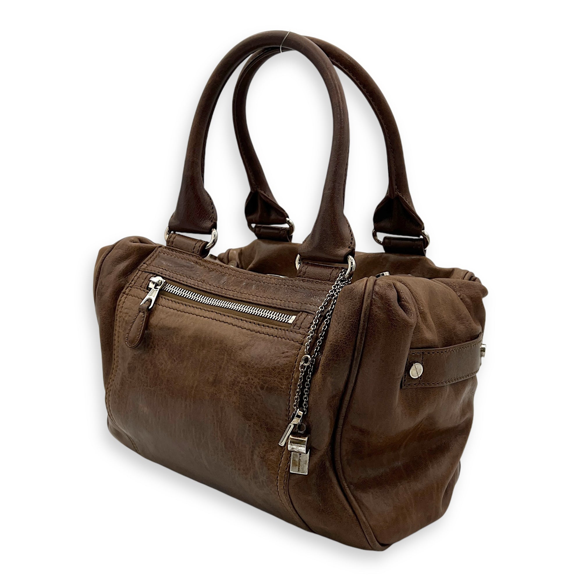 Whistle Brown Top Handle Bag in Goat Leather, Silver hardware