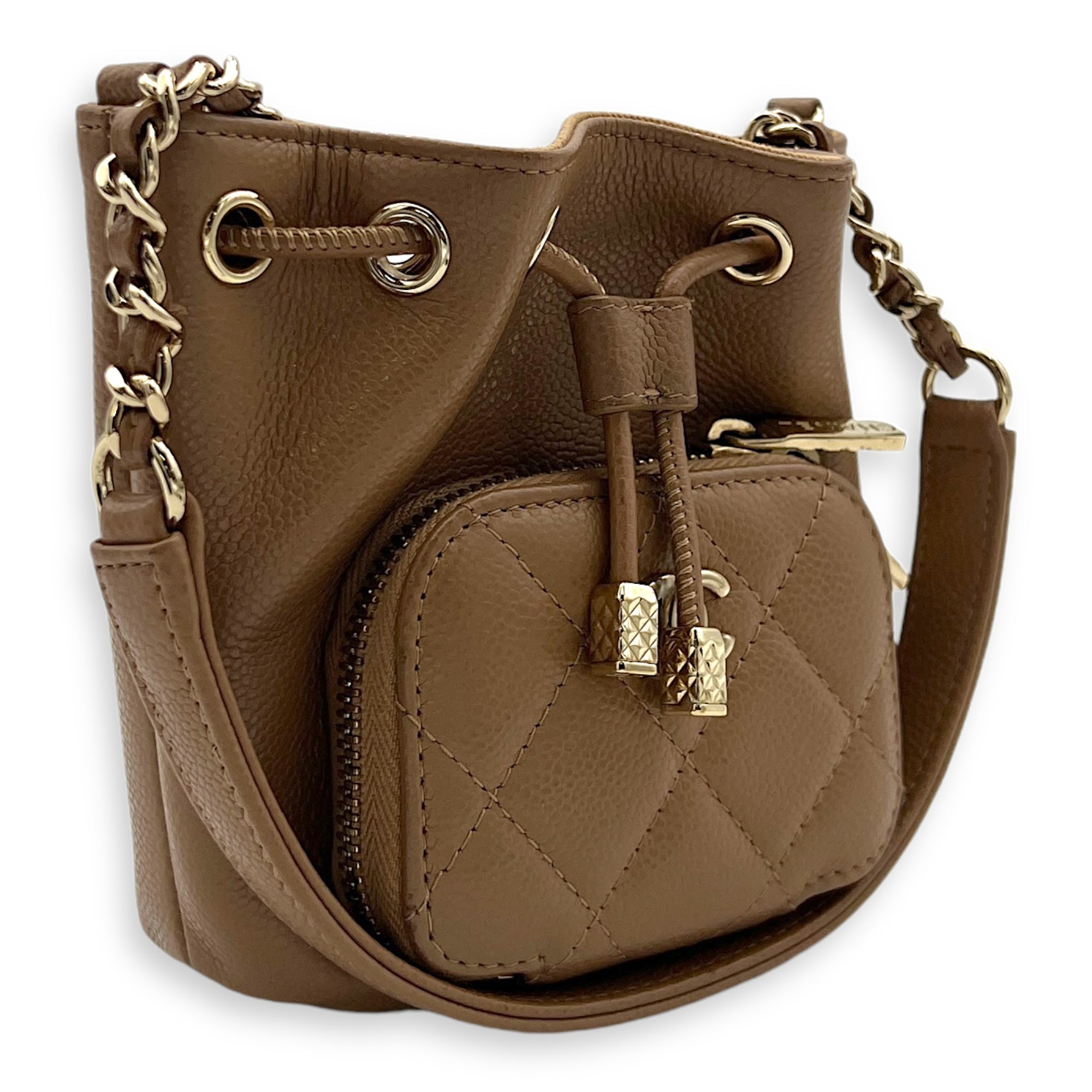 Business Affinity Mini Brown Bucket Bag in Caviar Leather, Gold hardware