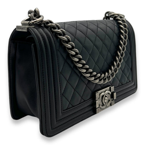 Boy Medium Black Shoulder Bag in Lambskin, Ruthenium hardware