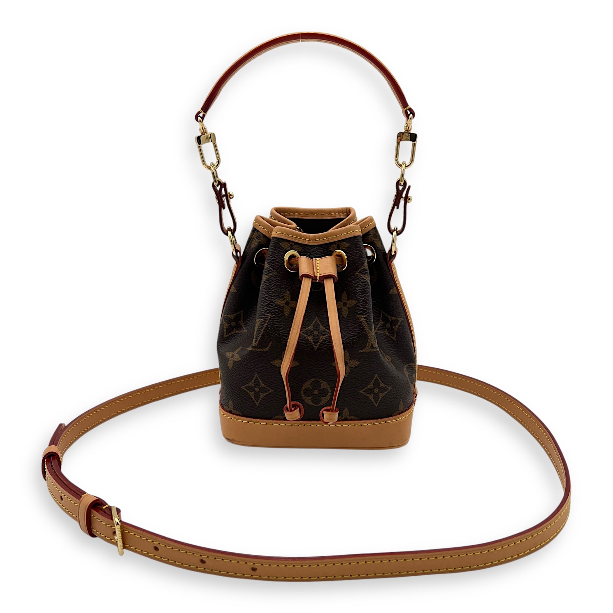 Noe Nano Brown Bucket Bag in Monogram Coated Canvas, Gold hardware