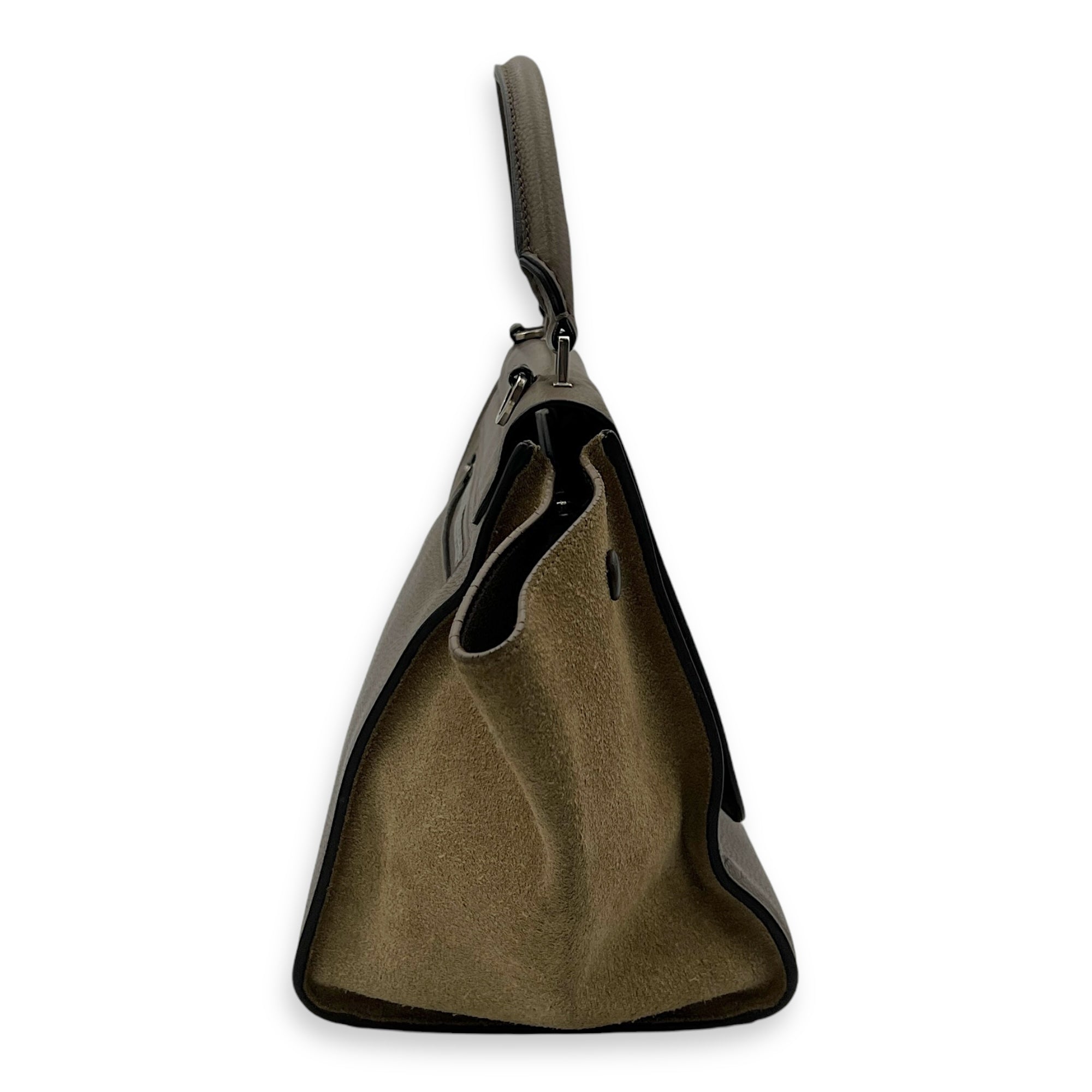 Trapeze Small Brown Top Handle Bag in Calfskin, Silver hardware