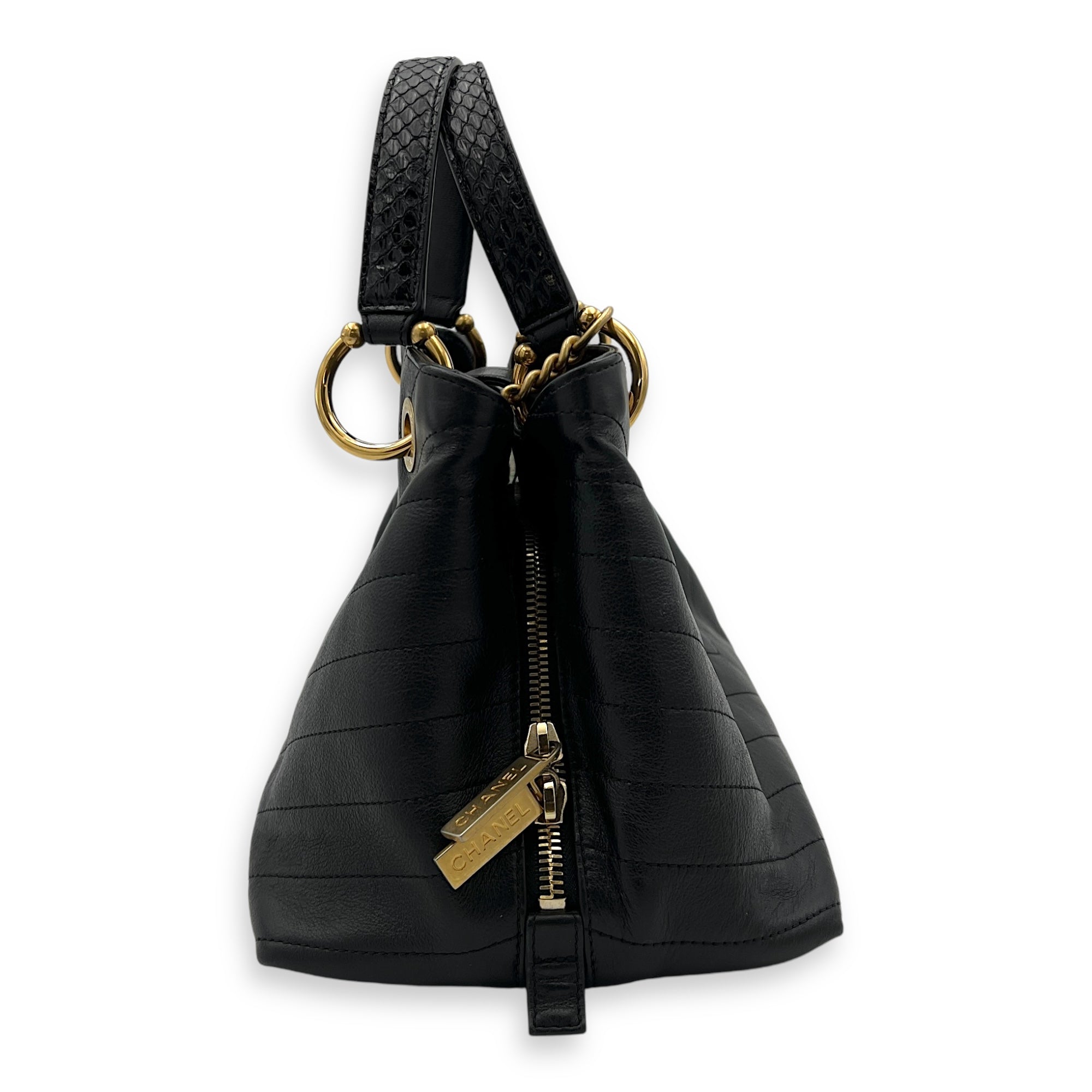 V Stitch Top Handle Bag Black in Calfskin, Gold hardware