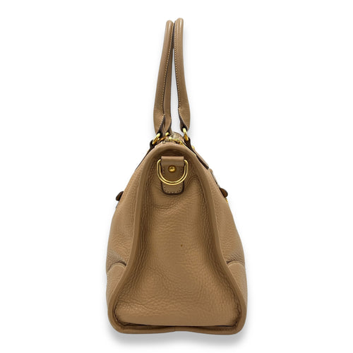 Logo Top Handle Bag Brown in Calfskin, Gold hardware