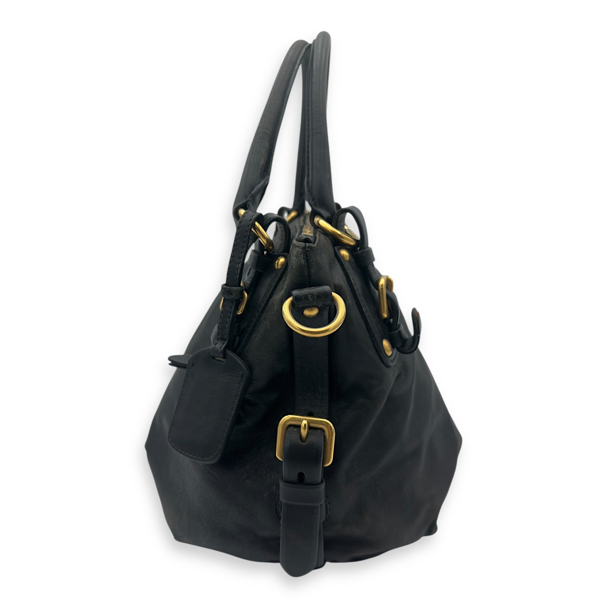 Prada Logo Top Handle Bag Black in Calfskin, Gold hardware_3