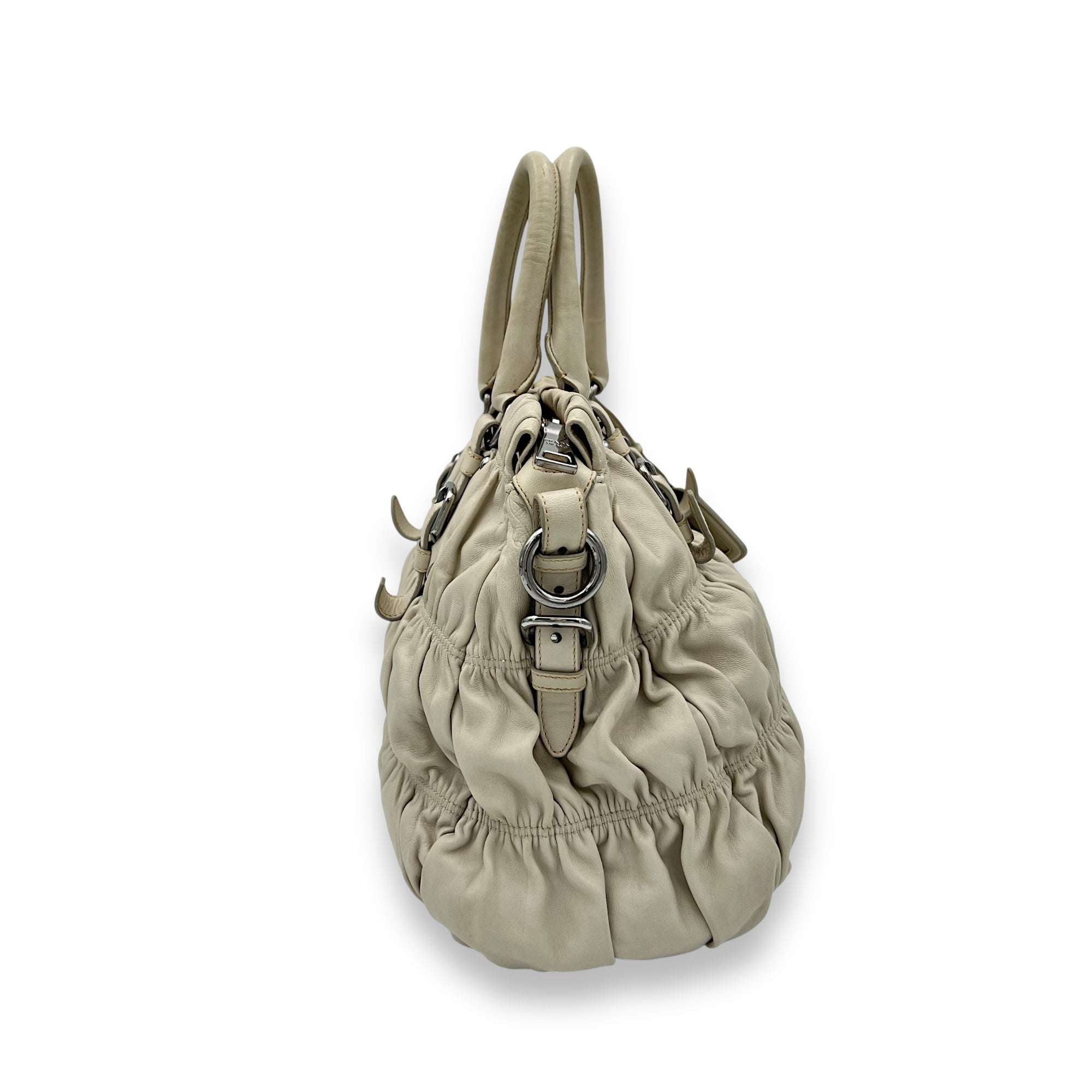 Prada Gaufre Beige Top Handle Bag in Lambskin, Silver hardware_3