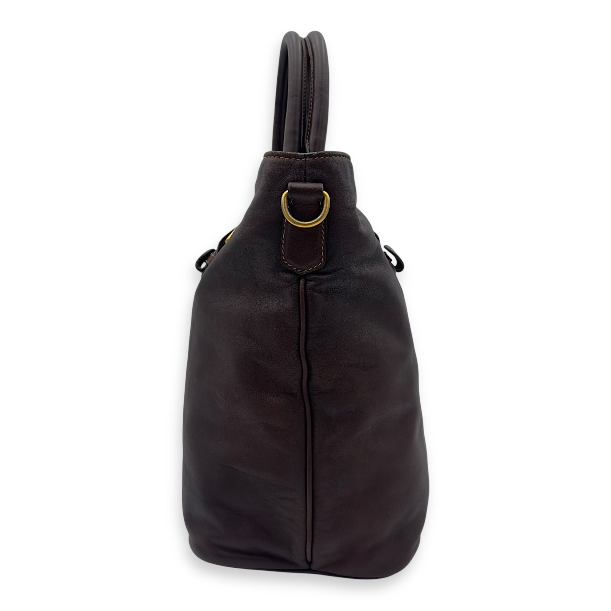 Prada Logo Brown Top Handle Bag in Calfskin, Gold hardware_3