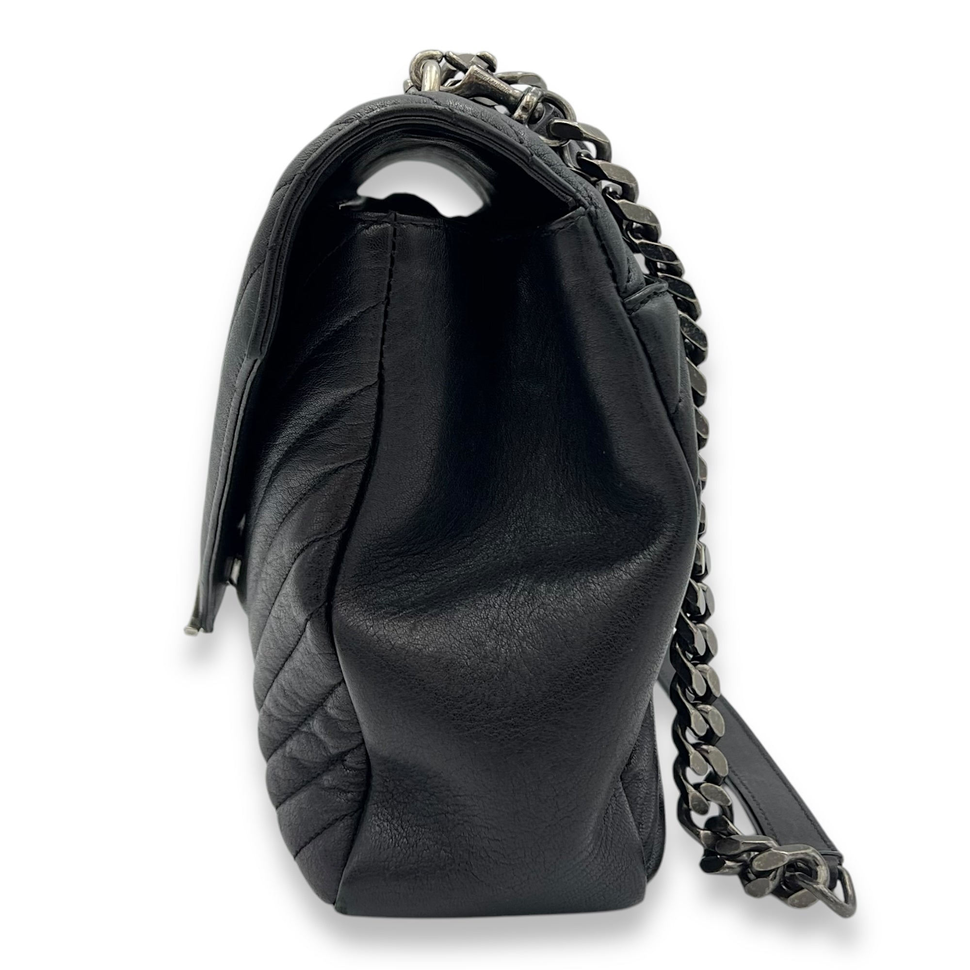 Saint Laurent College Large Black Shoulder Bag in Calfskin, Silver hardware_4