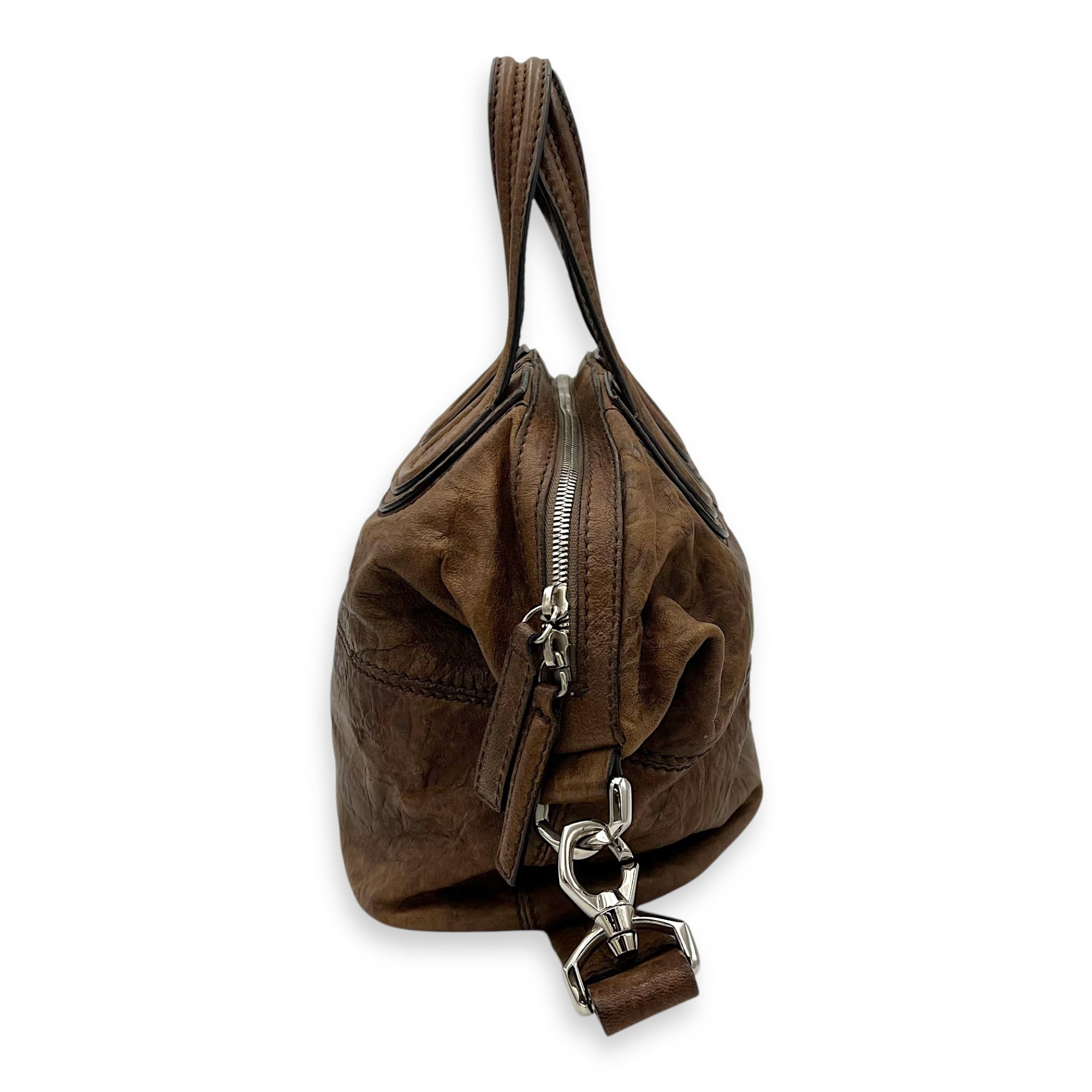 Givenchy Nightingale Small Brown Top Handle Bag in Distressed Leather, Silver hardware_3