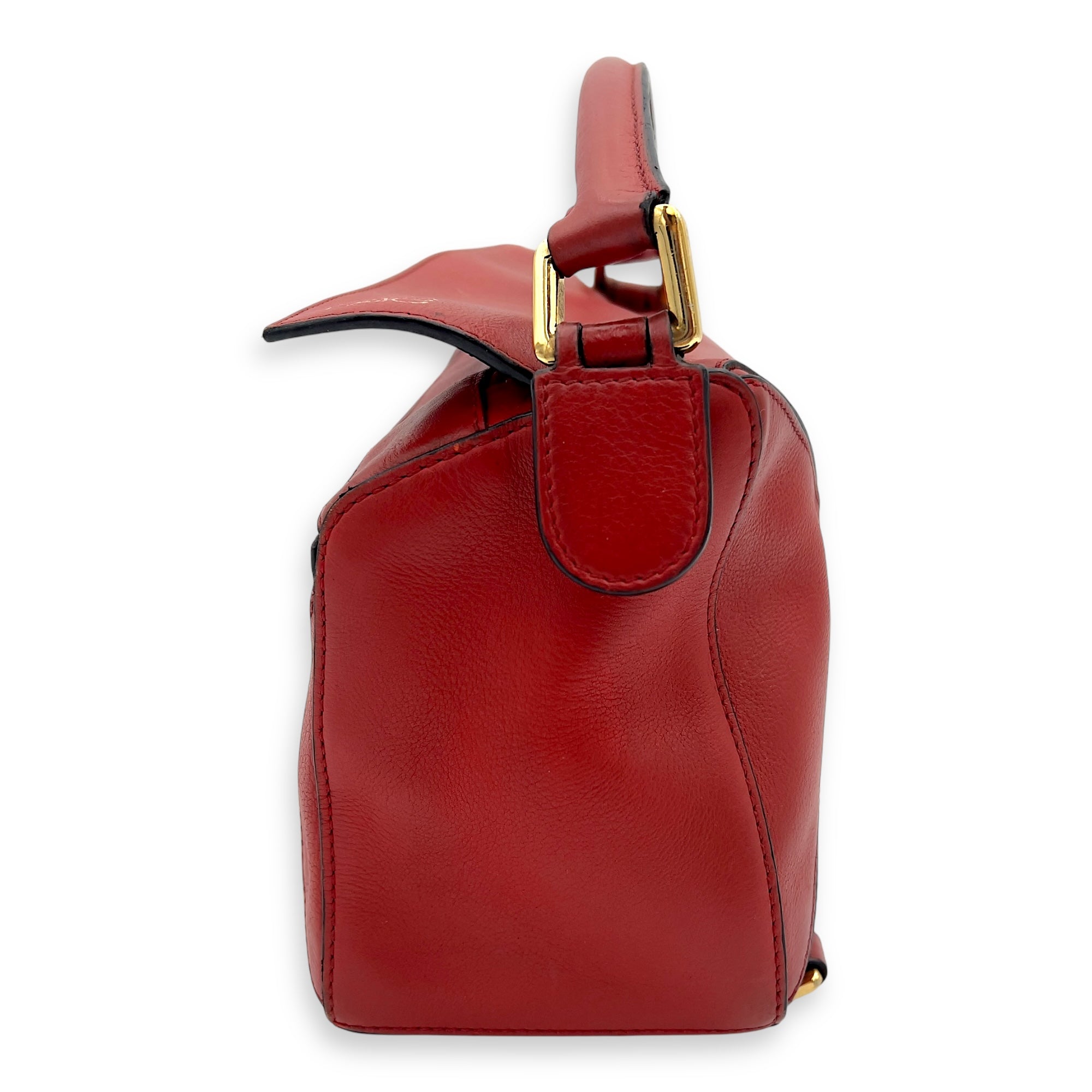 Loewe Puzzle Small Red Top Handle Bag in Calfskin, Gold hardware_3