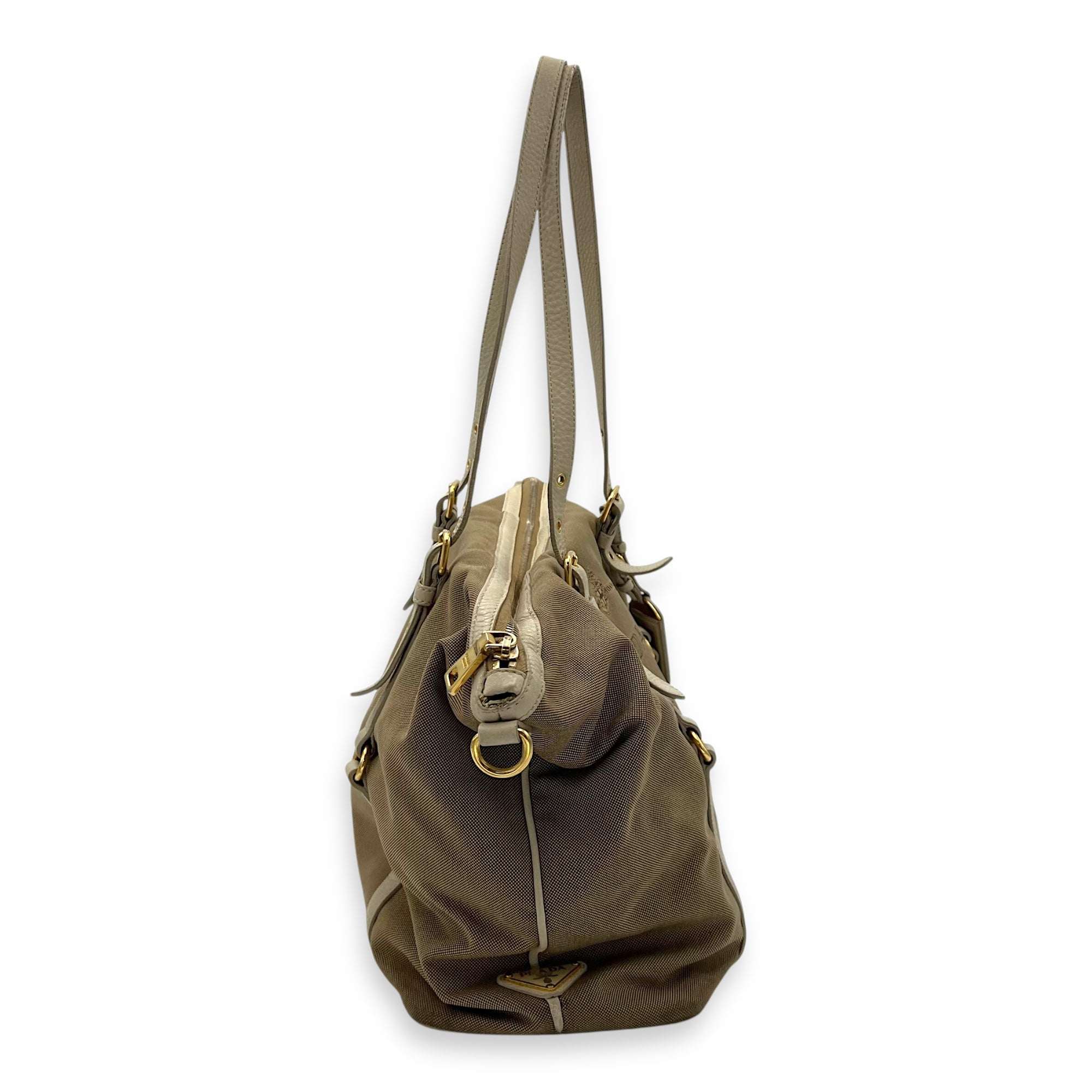 Prada Logo Tote Bag Beige in Canvas, Gold hardware_3