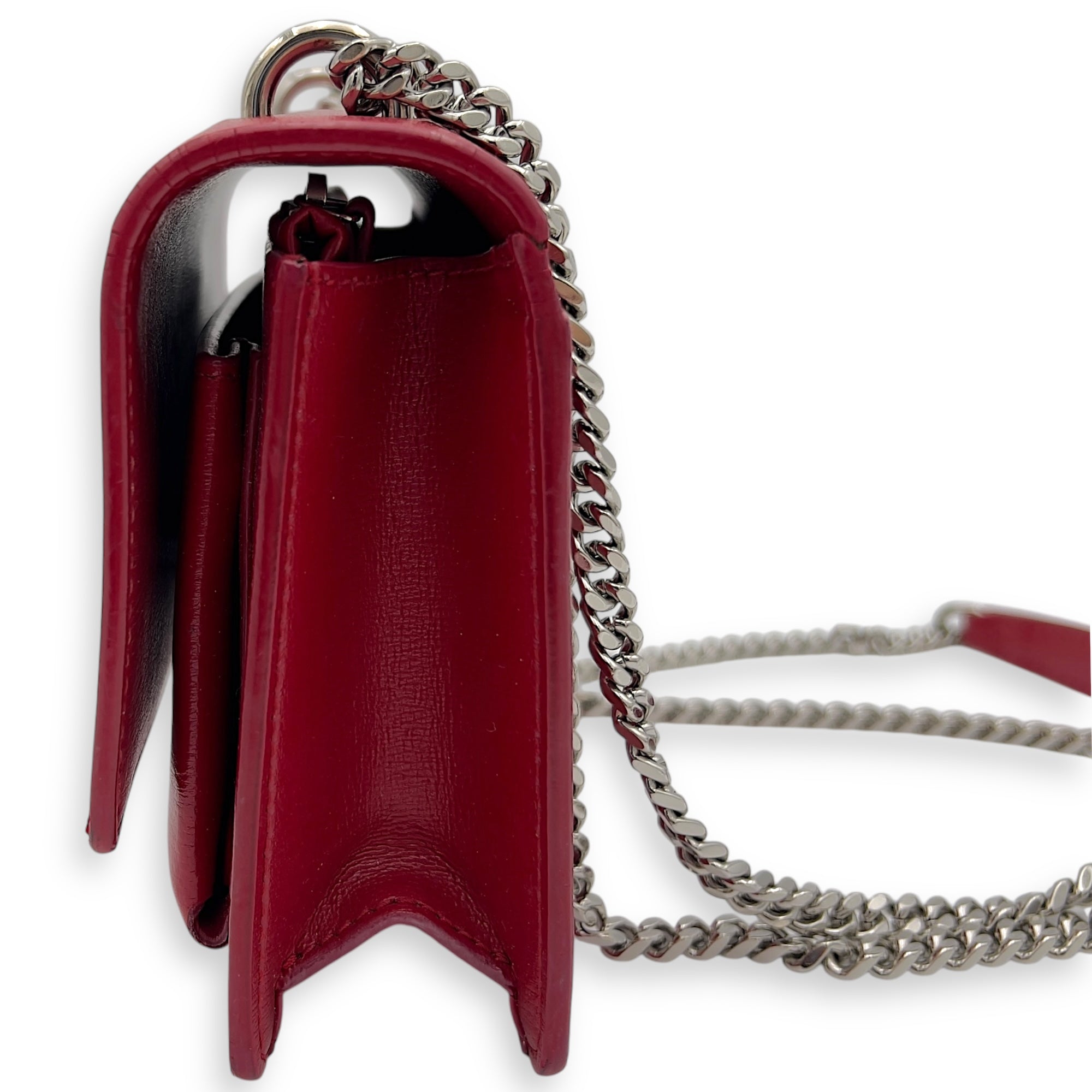 Saint Laurent Sunset Mini Red Shoulder Bag in Calfskin, Silver hardware_3