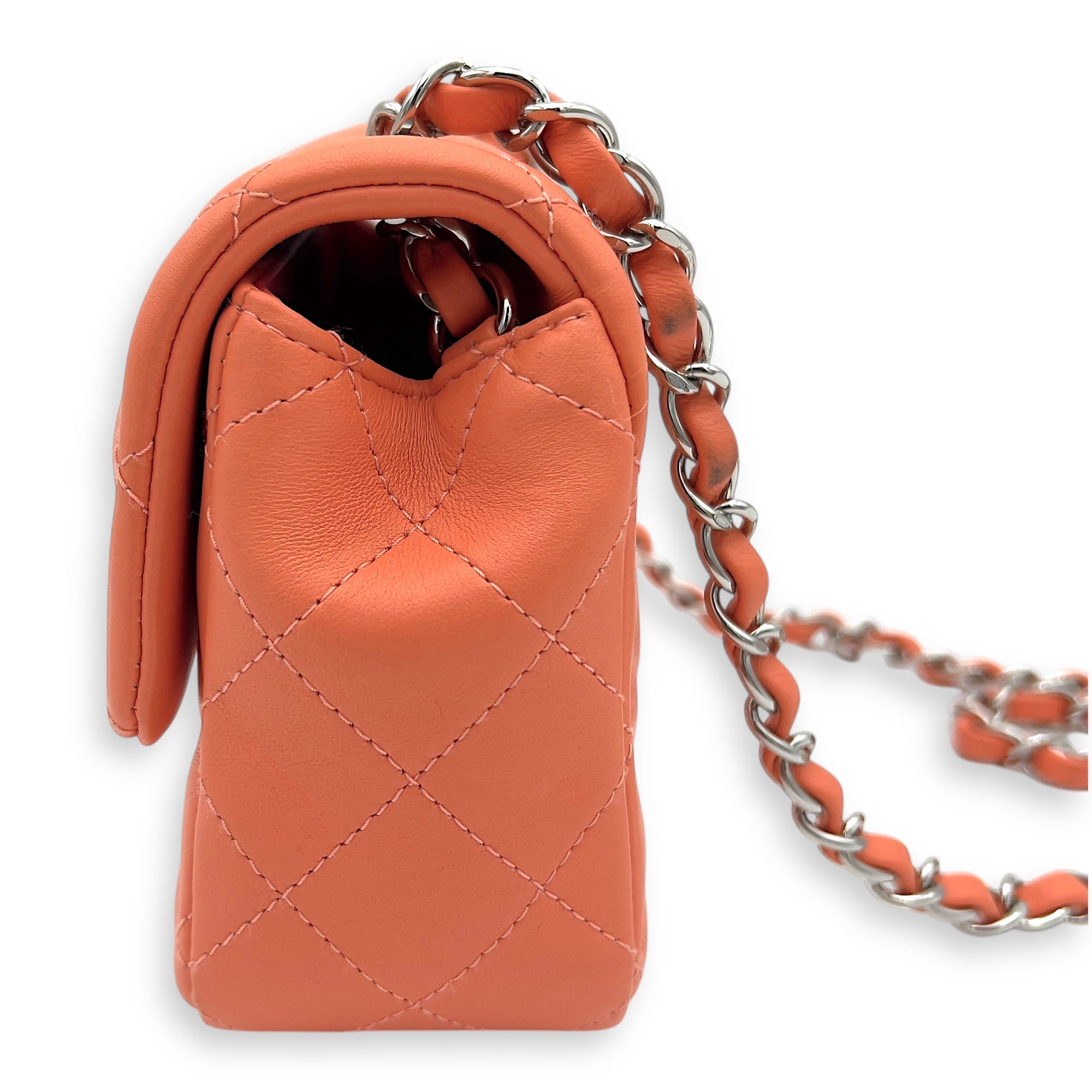 Chanel Mini Rectangle Shoulder Bag Orange in Lambskin, Silver hardware_3