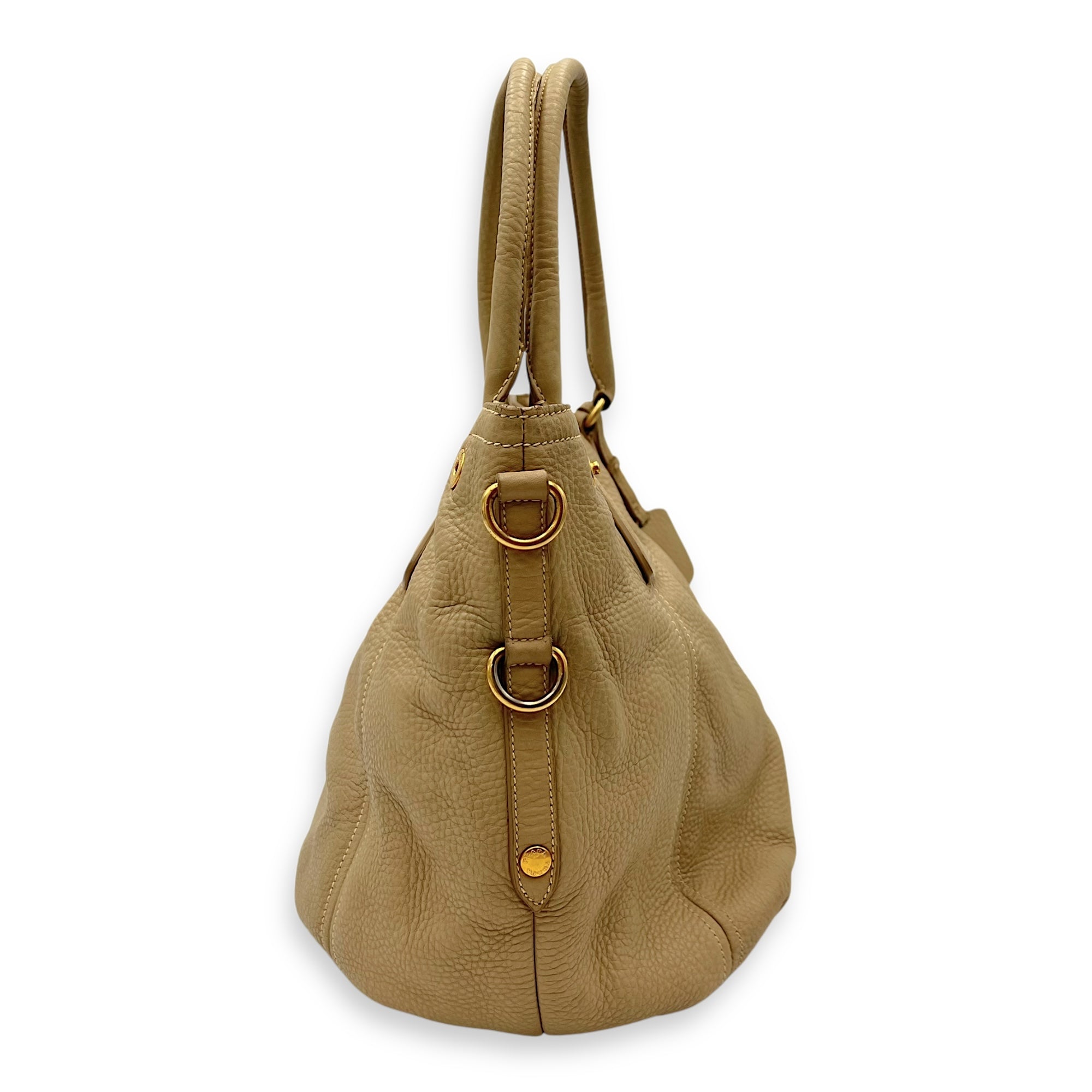 Prada Logo Top Handle Bag Beige in Calfskin, Gold hardware_3