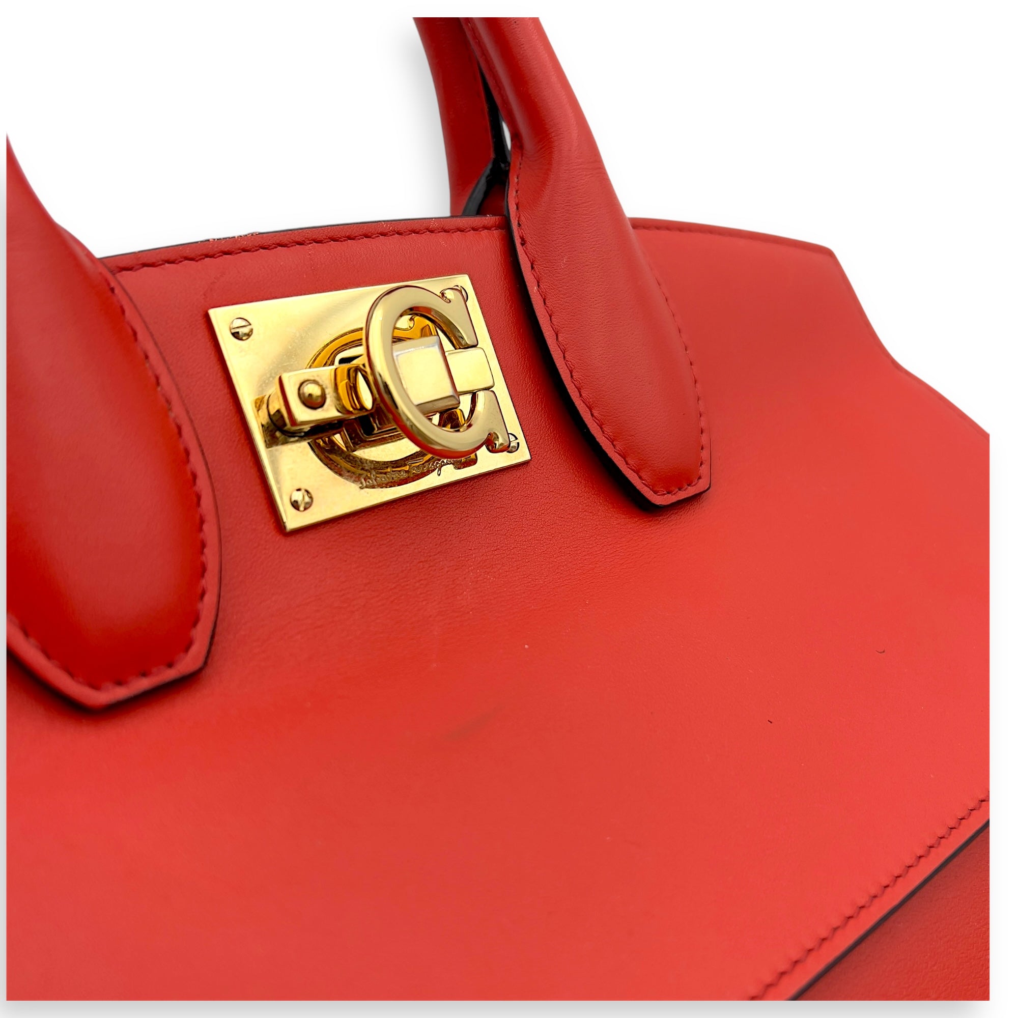 Salvatore Ferragamo Studio Red Top Handle Bag in Calfskin, Gold hardware_3