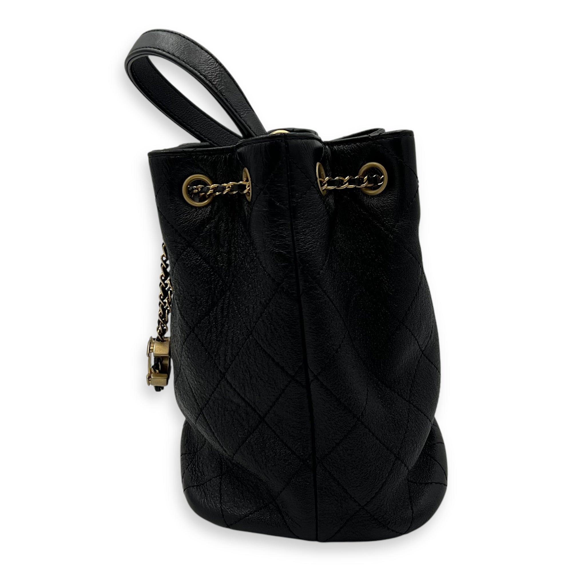 Chanel Quilted Drawstring CC Black Bucket Bag in Calfskin, Gold hardware_3