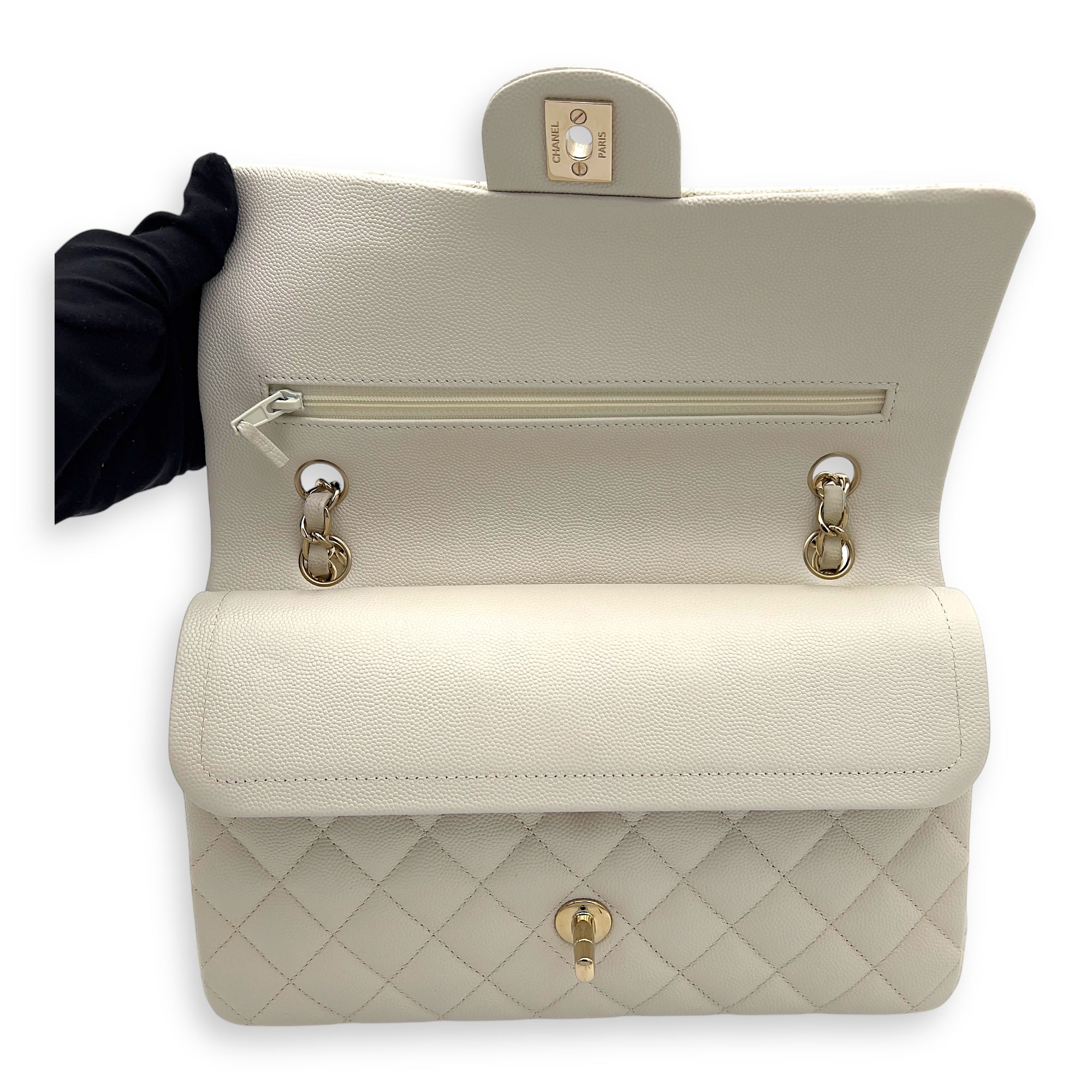 Chanel Classic Shoulder Bag White in Caviar Leather, Light Gold hardware_3