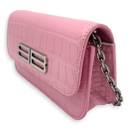 Balenciaga Gossip Pink Wallet On Chain in Crocodile Embossed Calfskin, Silver hardware_3