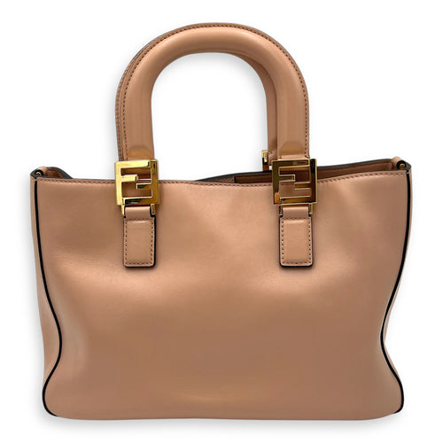 Fendi FF Logo Top Handle Bag Beige in Calfskin, Gold hardware_2