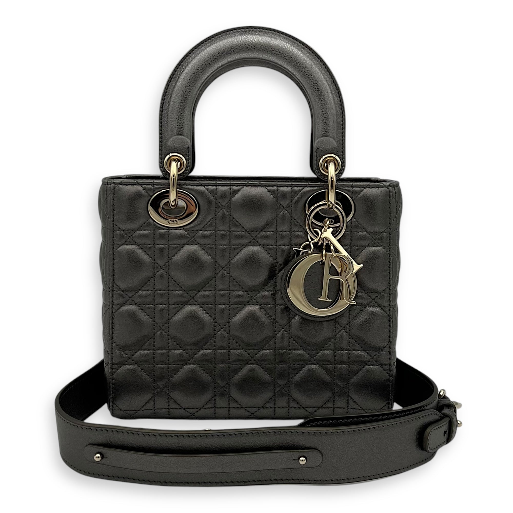Christian Dior Lady Dior Small Grey Top Handle Bag in Calfskin, Gold hardware_11